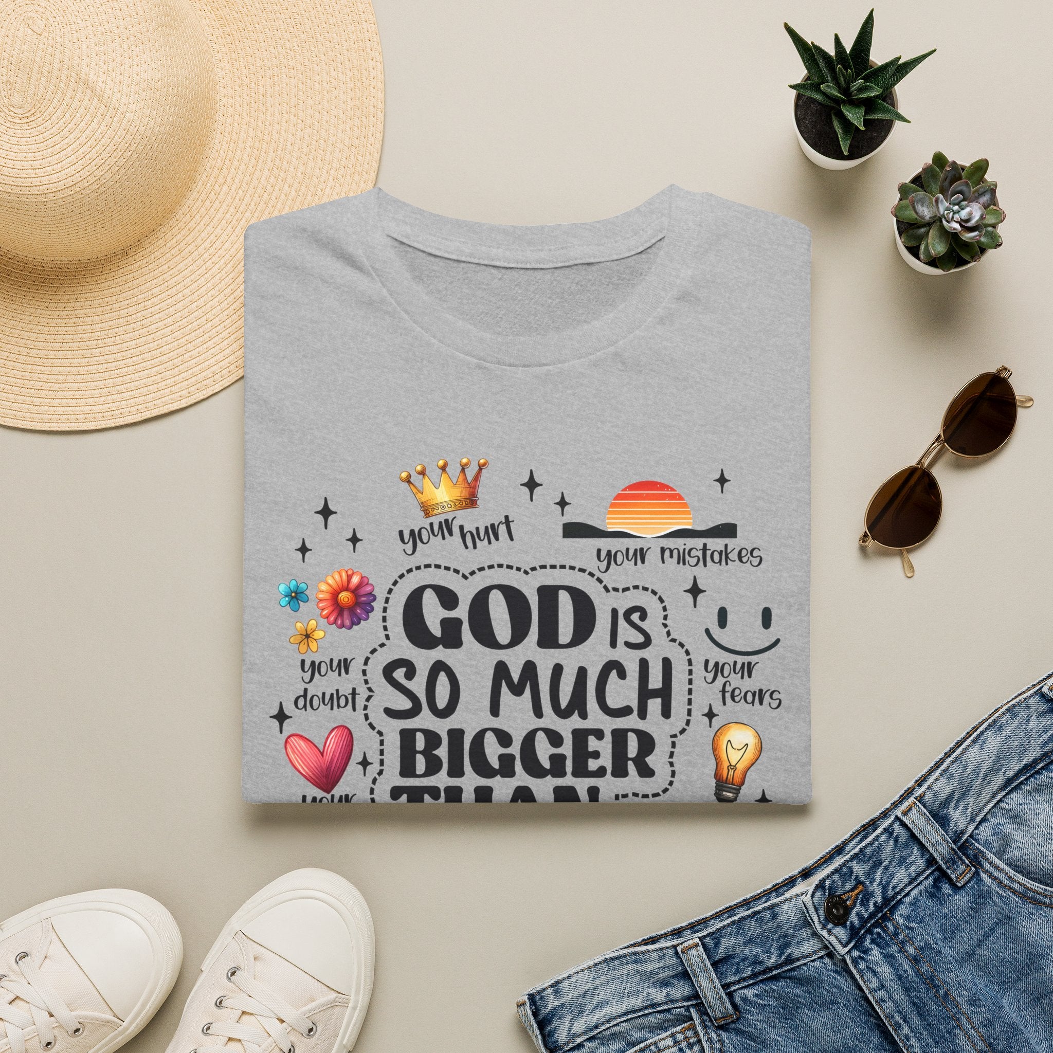 God Is So Much Bigger Than… T‑Shirt — Inspirational Christian Faith Tee with Cute Icons