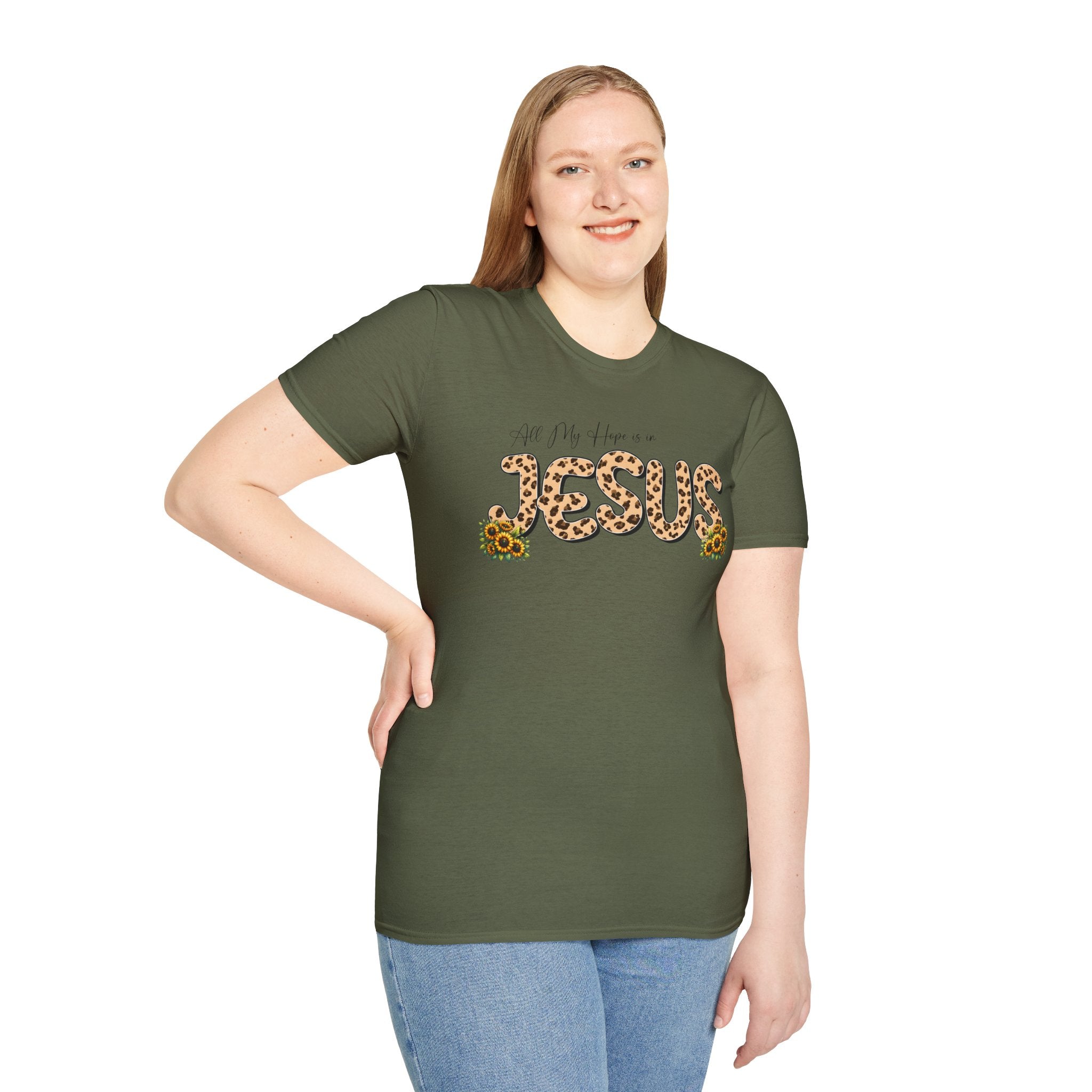 Jesus Leopard Print T-Shirt — "All My Hope Is In Jesus" Floral Faith Tee