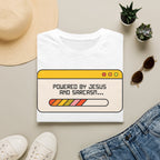 T-Shirt — "Powered by Jesus and Sarcasm" Graphic Tee