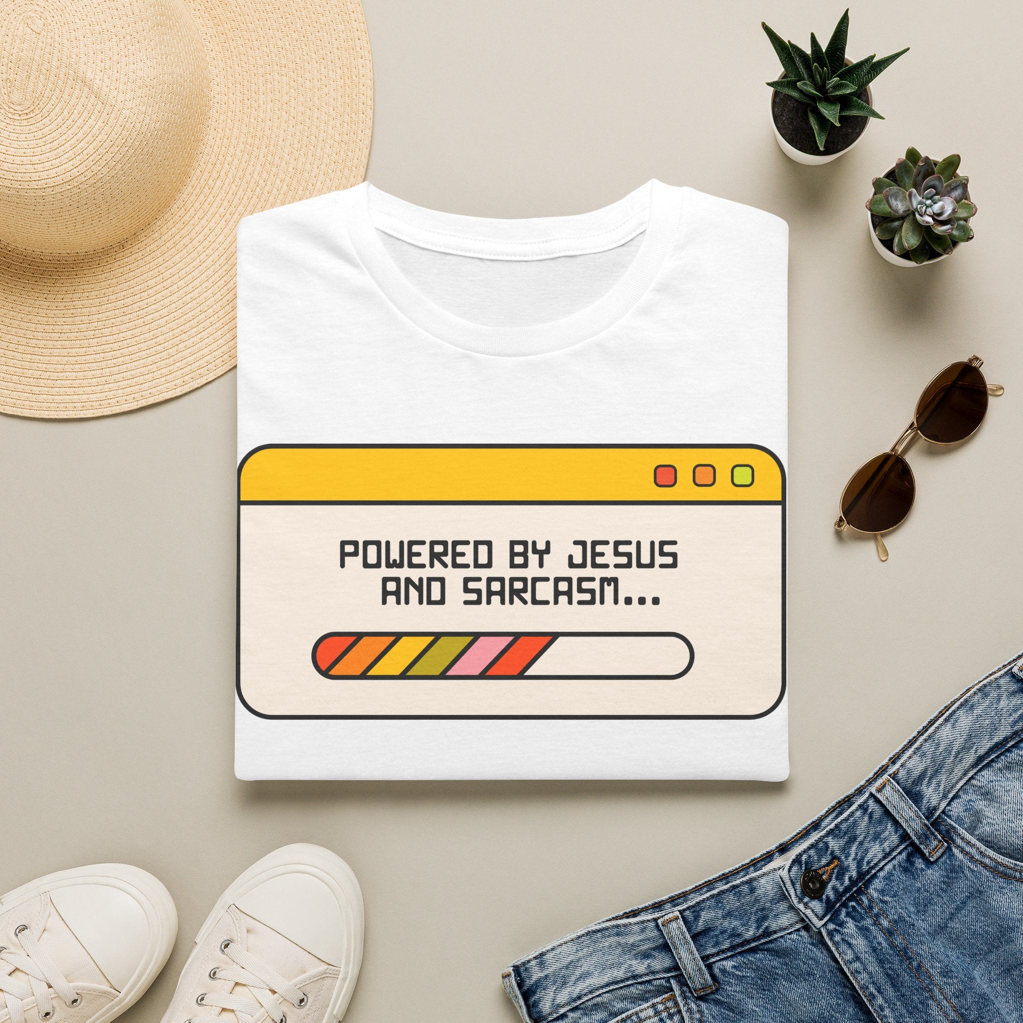 T-Shirt — "Powered by Jesus and Sarcasm" Graphic Tee