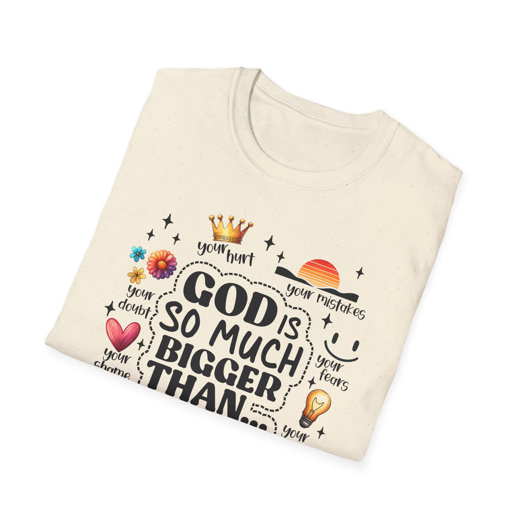 God Is So Much Bigger Than… T‑Shirt — Inspirational Christian Faith Tee with Cute Icons