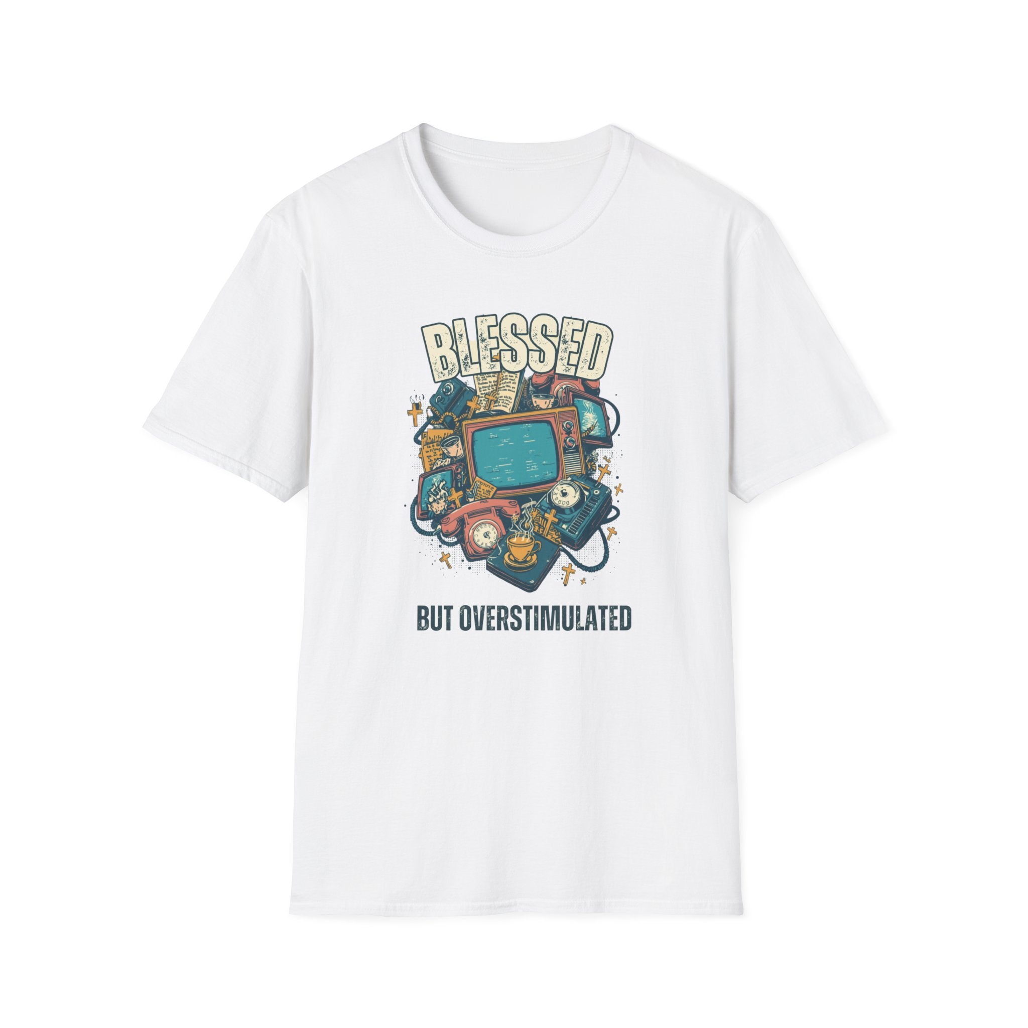 Blessed But Overstimulated T-Shirt — Retro Cozy Graphic Tee for Busy Moms & Millennials