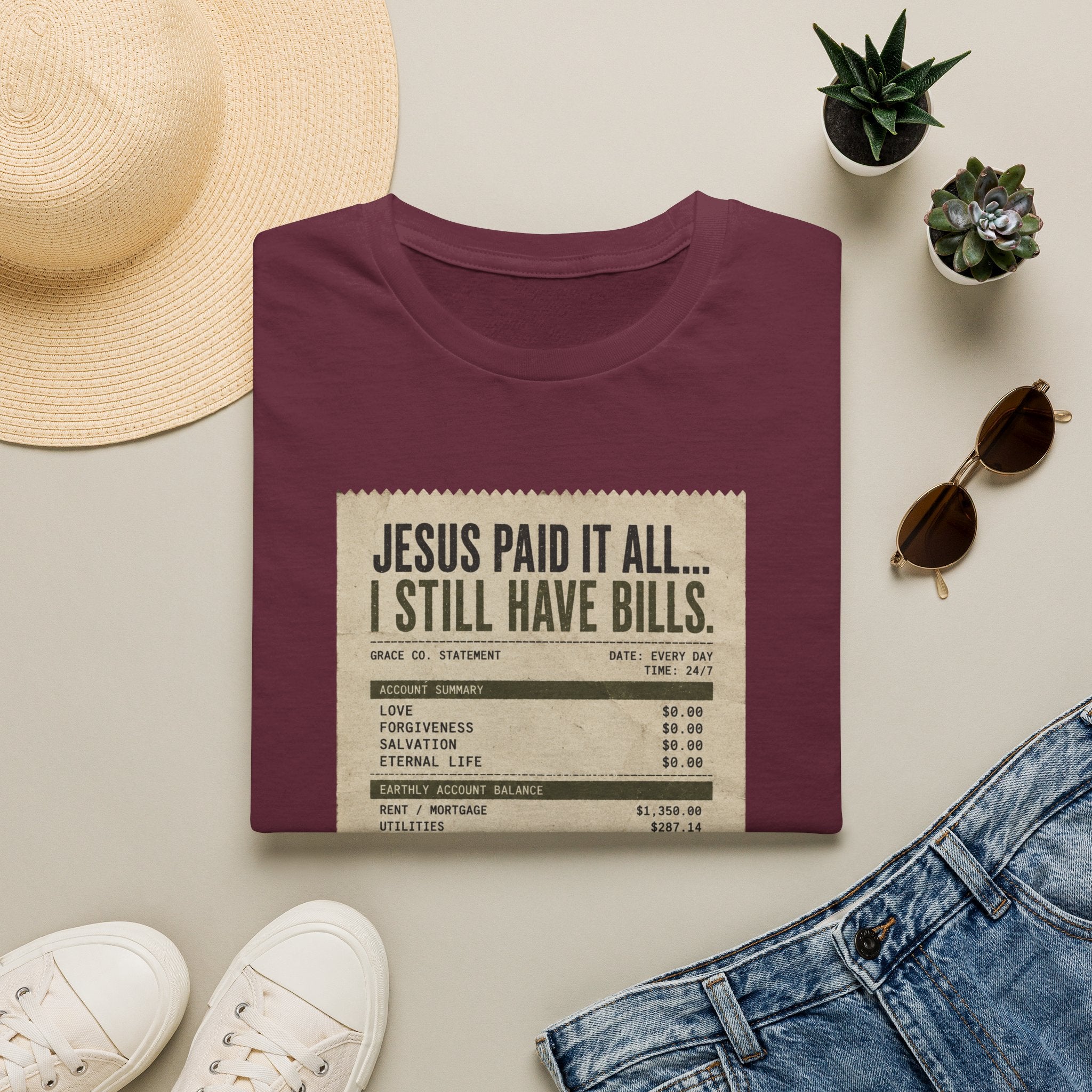 Jesus Paid It All Receipt Tee — 'I Still Have Bills' Christian Humor T-Shirt