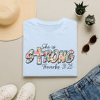 She Is Strong Floral T‑Shirt — Proverbs 31:25 Inspirational Women’s Tee