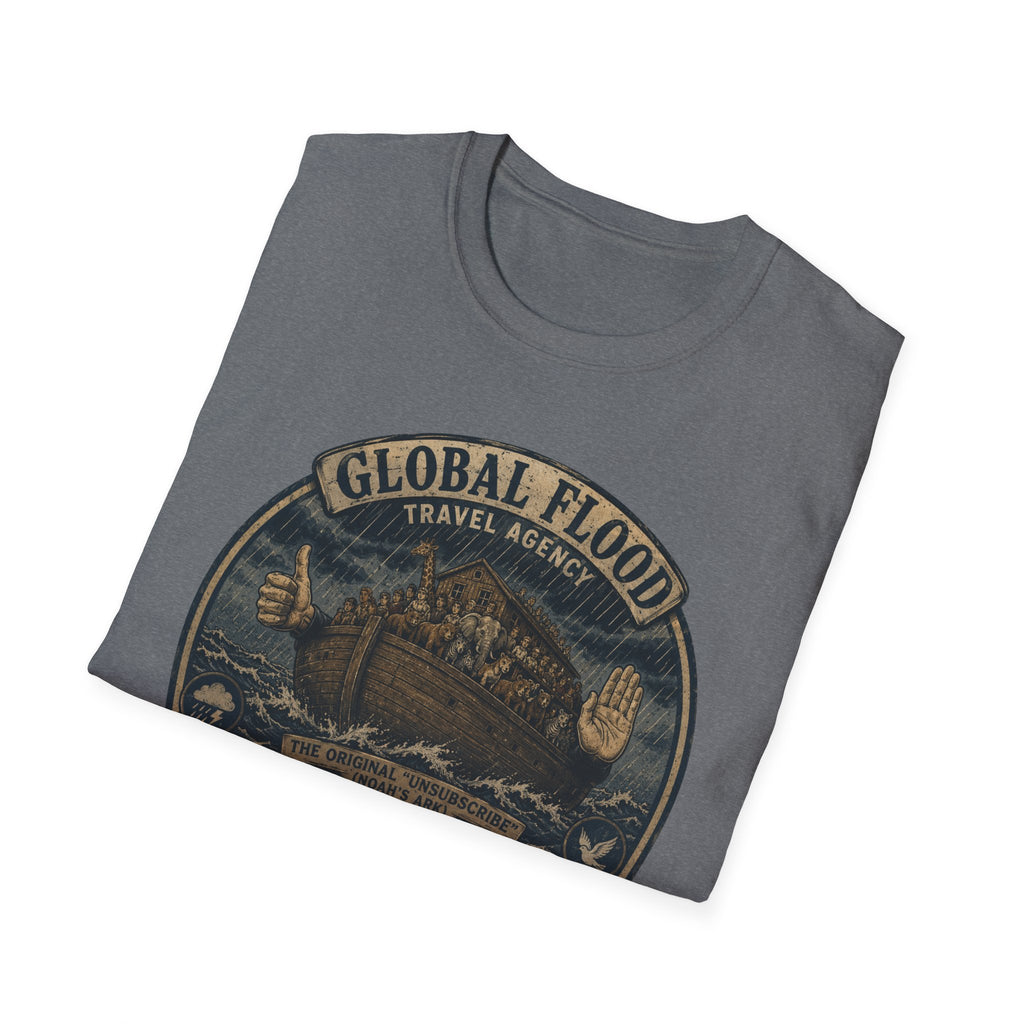 Global Flood Travel Badge T-Shirt – Vintage Ark Graphic Tee ("Unsubscribe from Humanity")