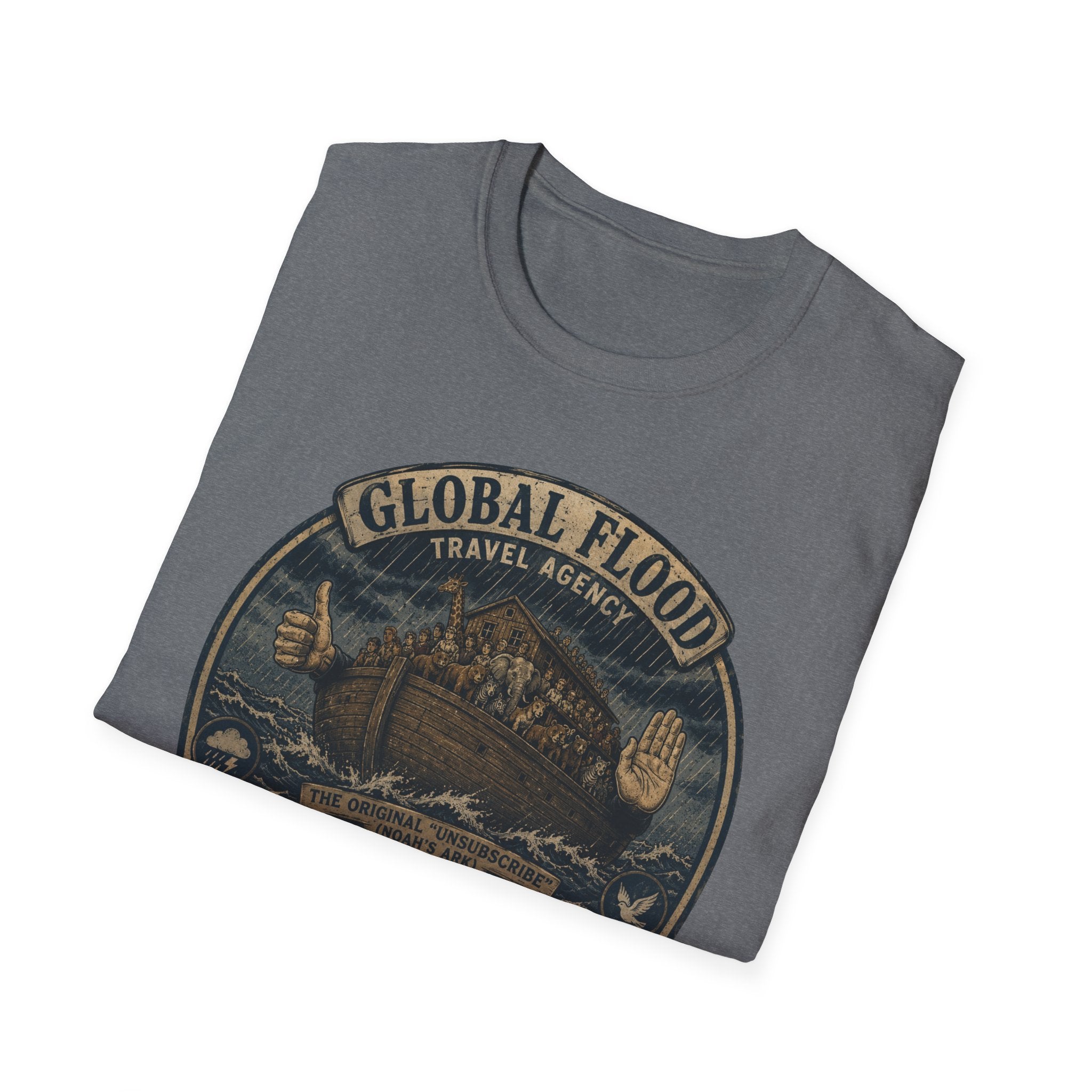 Global Flood Travel Badge T-Shirt – Vintage Ark Graphic Tee ("Unsubscribe from Humanity")