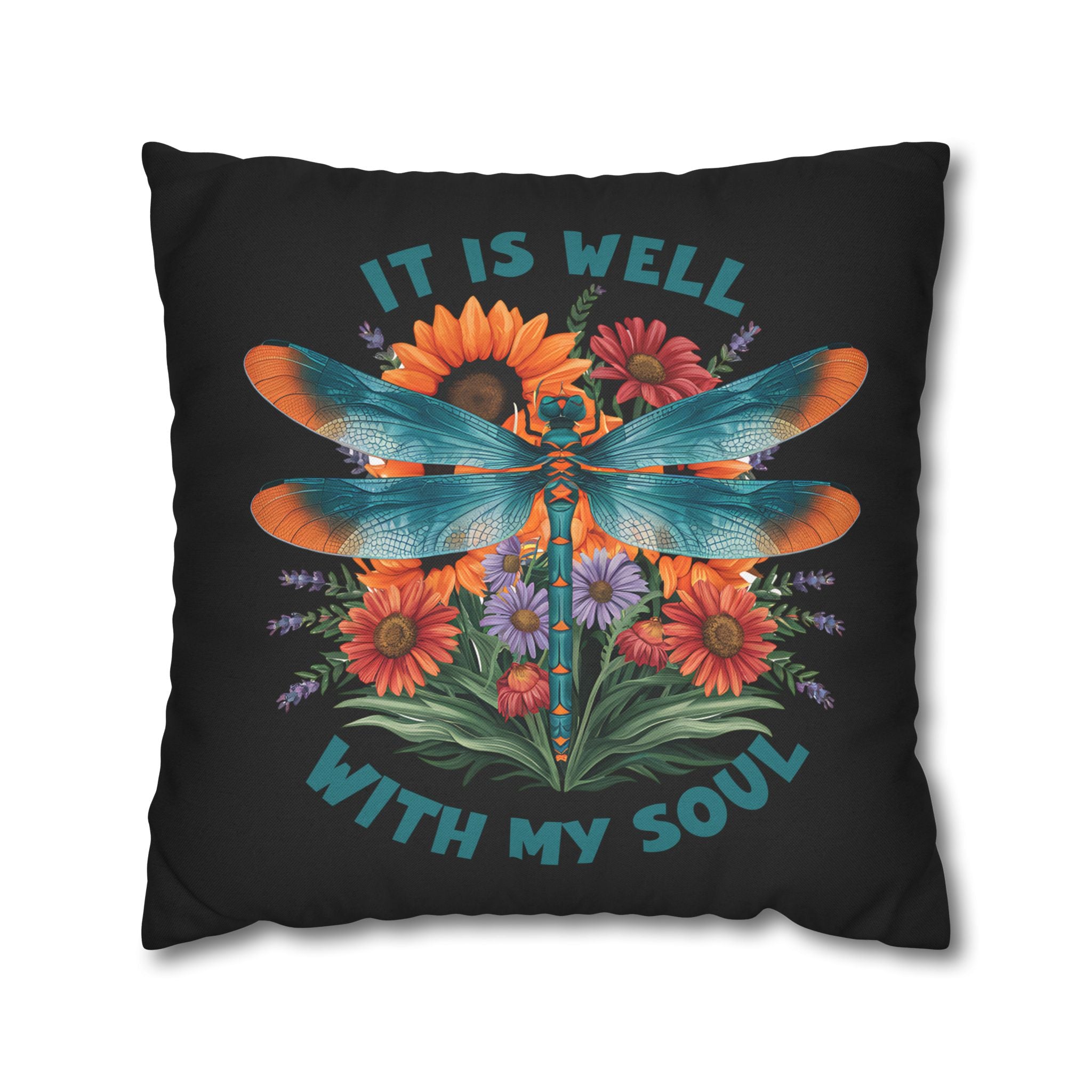 Dragonfly Floral Pillowcase — "It Is Well With My Soul" Decorative Throw Pillow Cover