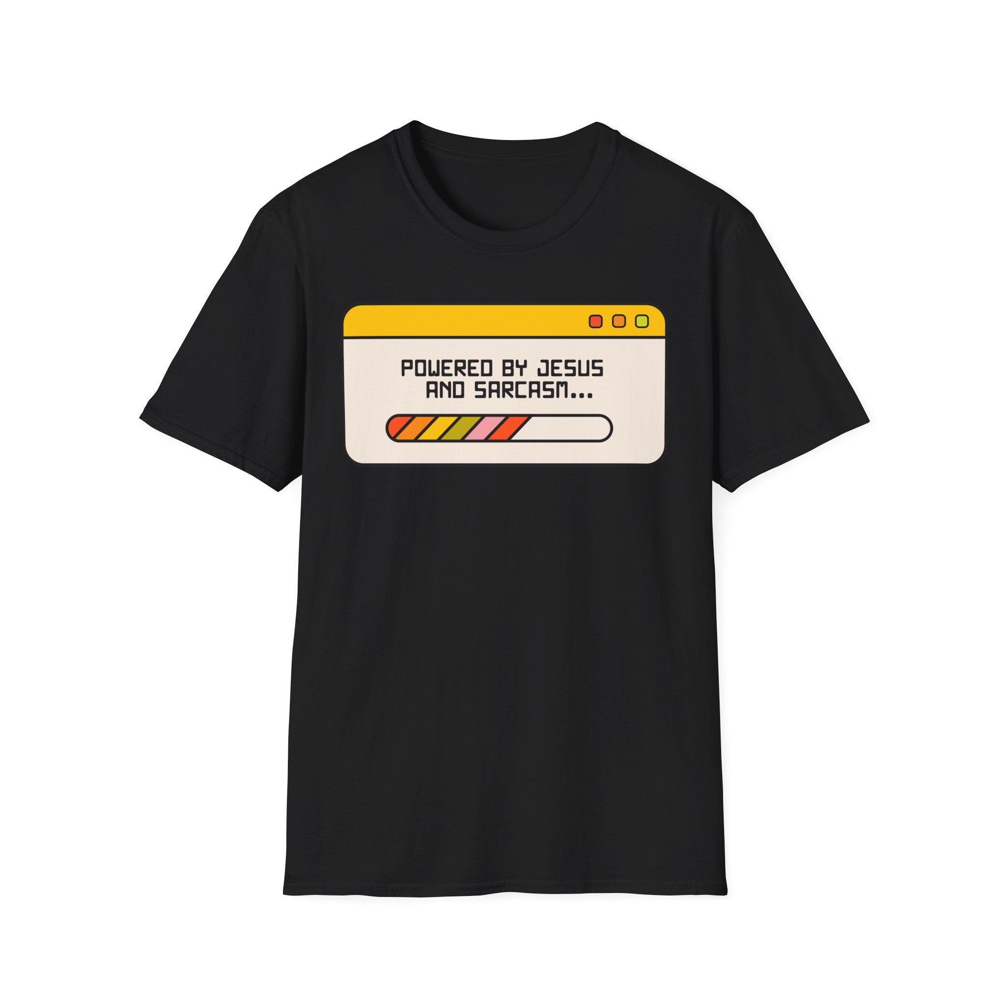 T-Shirt — "Powered by Jesus and Sarcasm" Graphic Tee