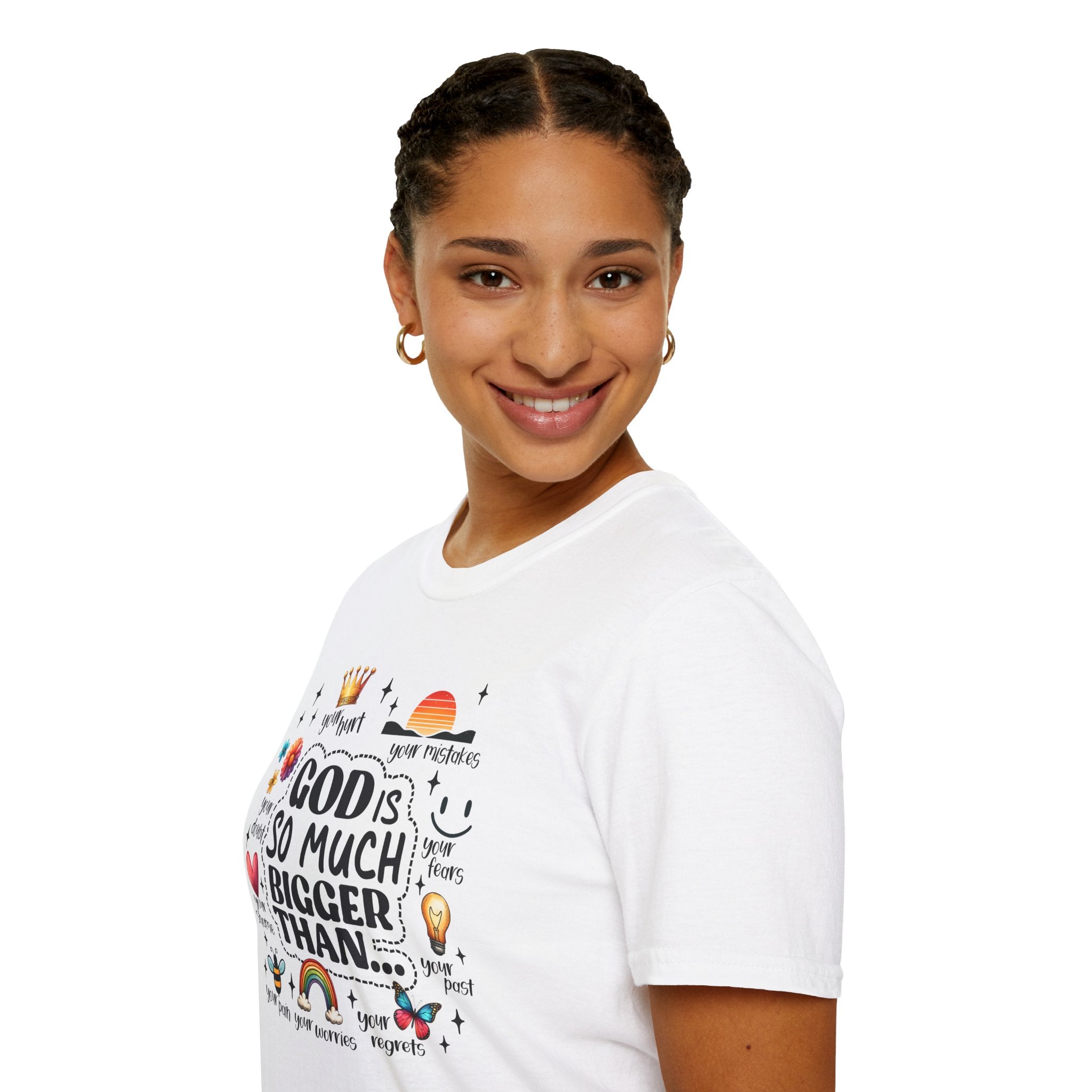 God Is So Much Bigger Than… T‑Shirt — Inspirational Christian Faith Tee with Cute Icons