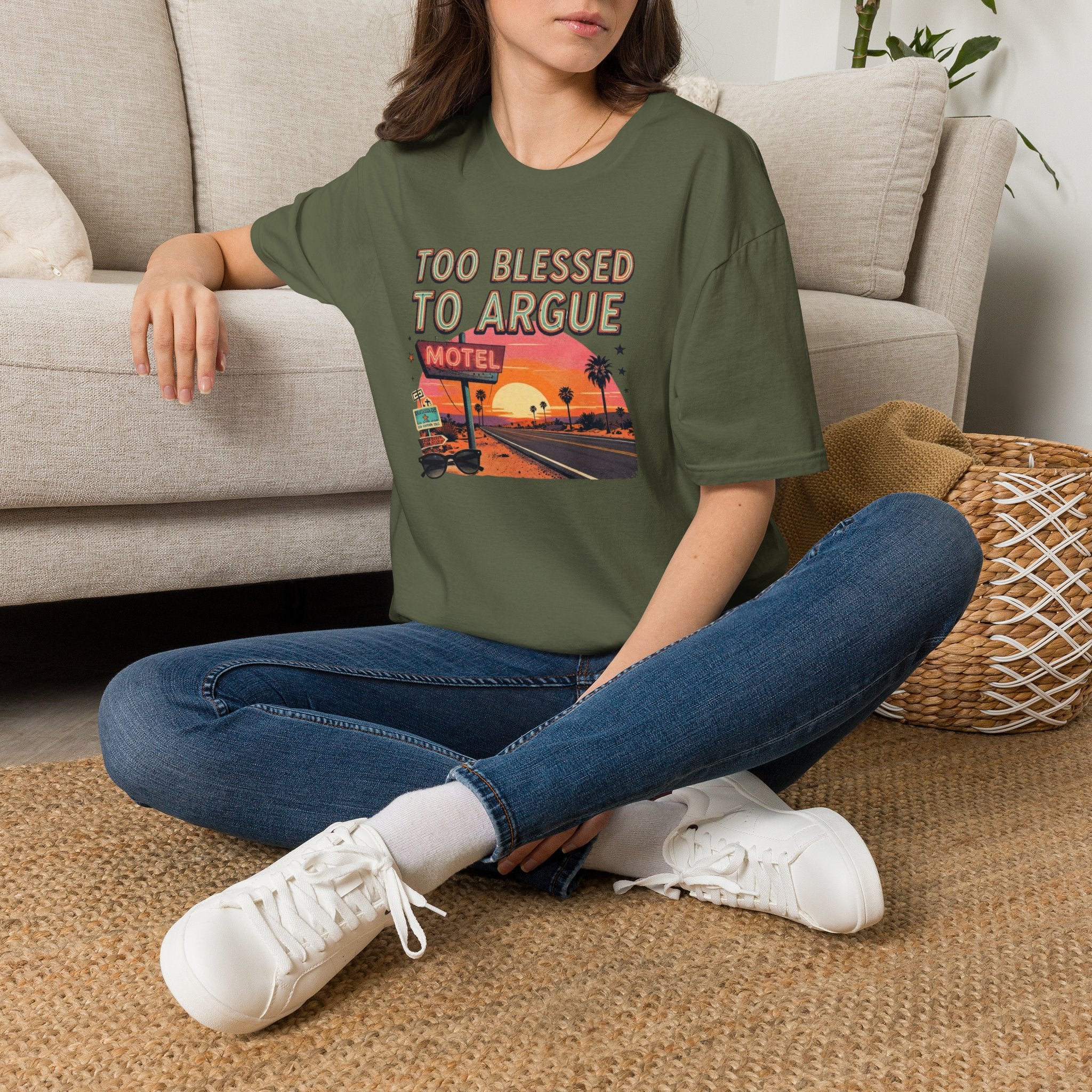 Too Blessed to Argue T-Shirt — Retro Sunset Motel Graphic