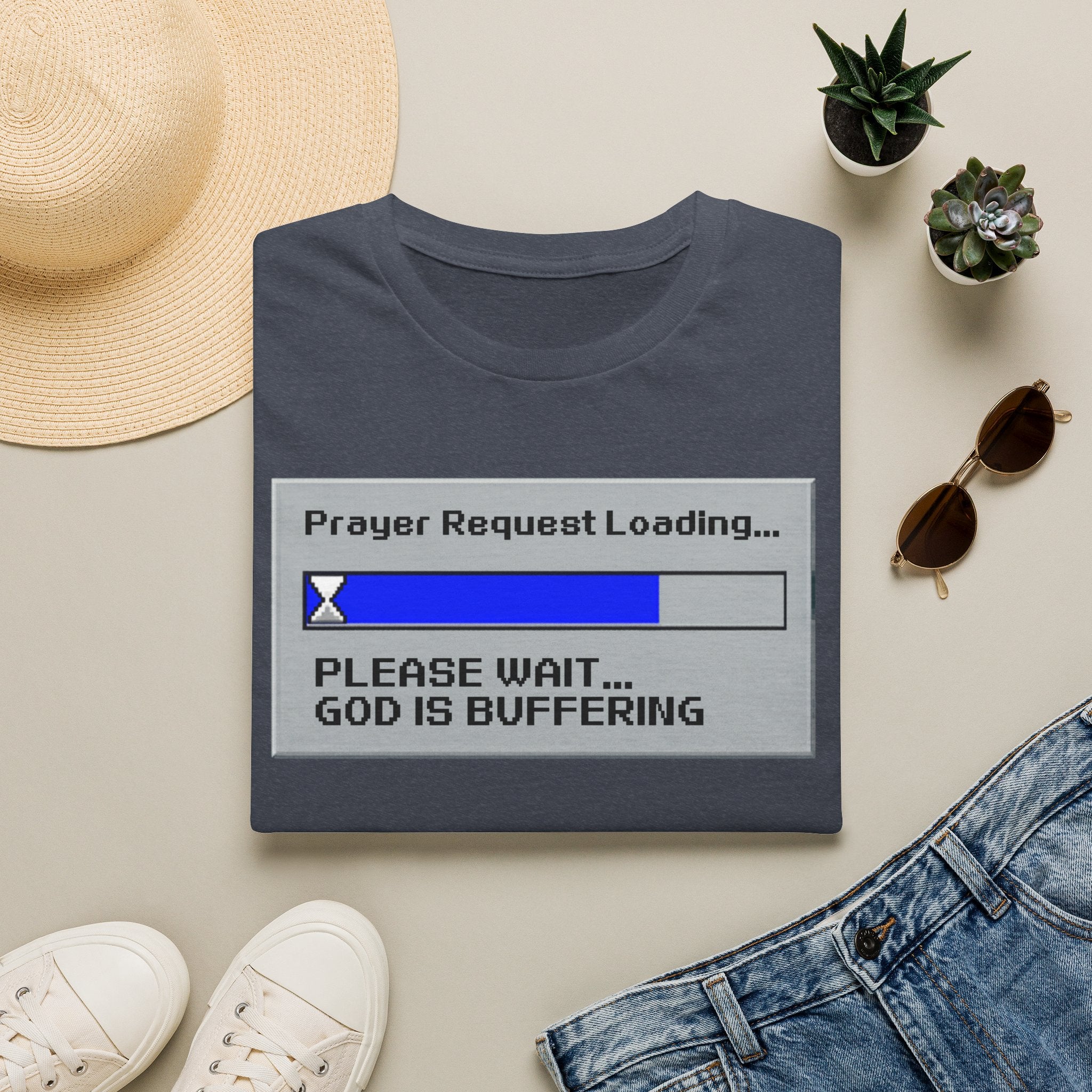 Prayer Request Loading T-Shirt — "Please Wait... God Is Buffering" Christian Graphic Tee