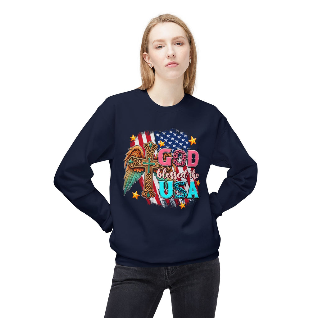 God Blessed the USA Crewneck Sweatshirt — Patriotic Christian American Flag Design