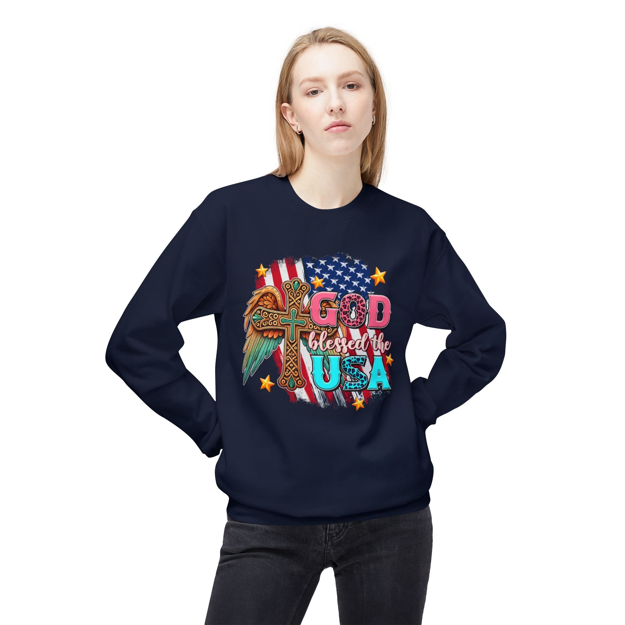 God Blessed the USA Crewneck Sweatshirt — Patriotic Christian American Flag Design