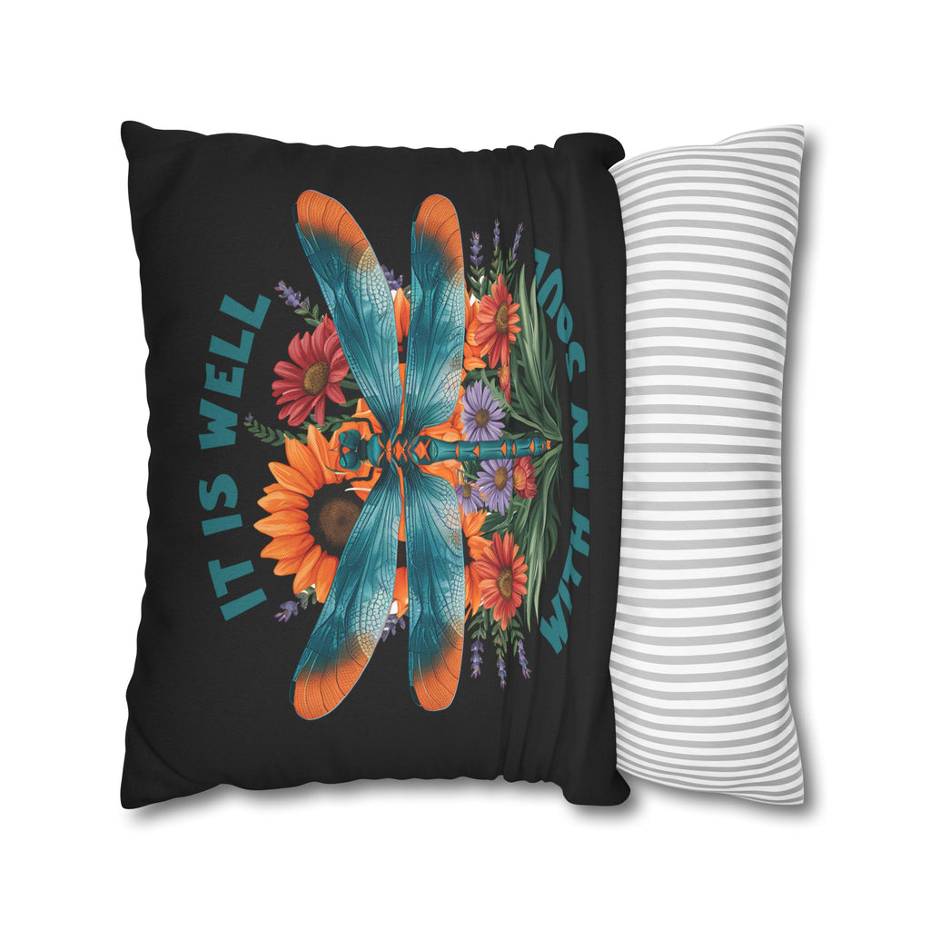 Dragonfly Floral Pillowcase — "It Is Well With My Soul" Decorative Throw Pillow Cover
