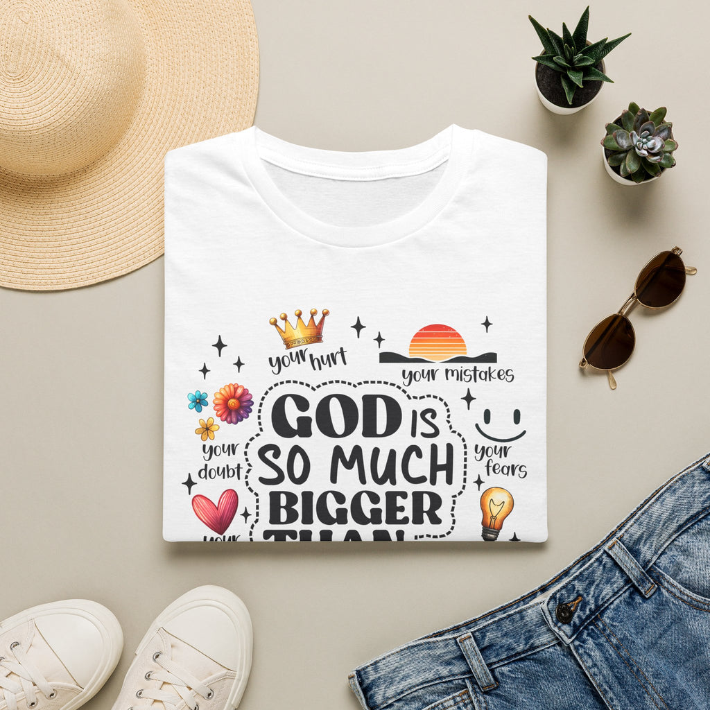 God Is So Much Bigger Than… T‑Shirt — Inspirational Christian Faith Tee with Cute Icons