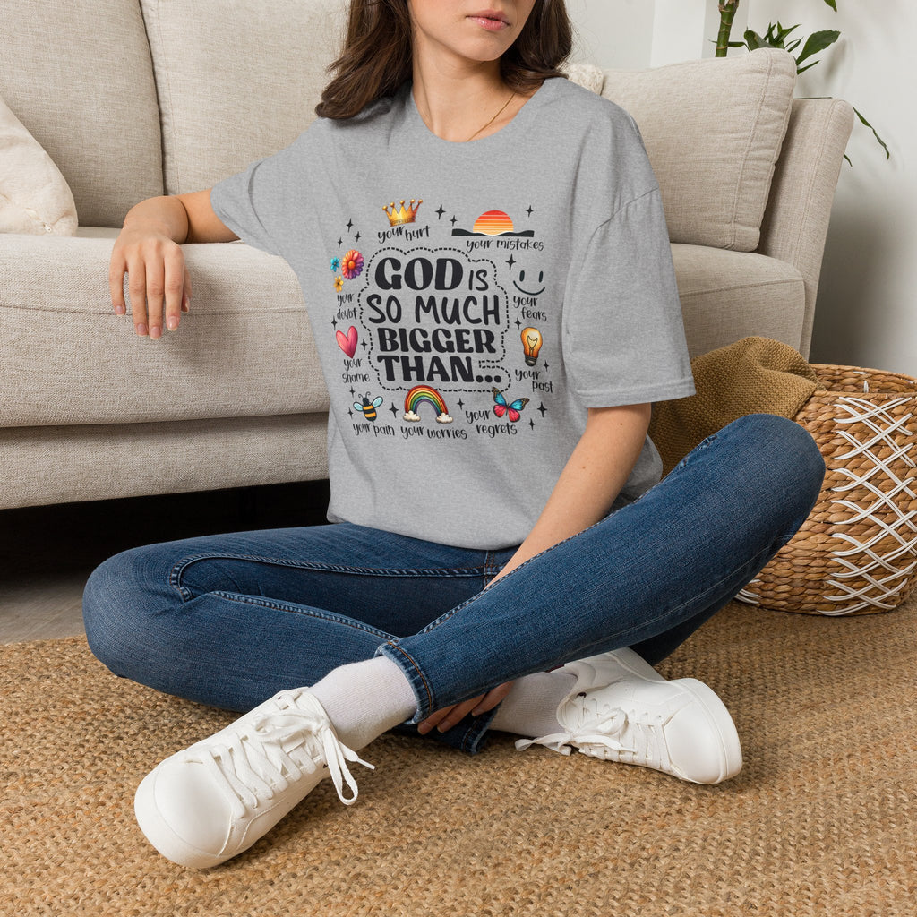 God Is So Much Bigger Than… T‑Shirt — Inspirational Christian Faith Tee with Cute Icons