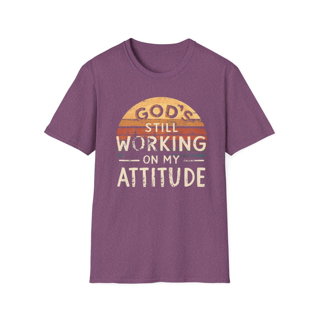 Christian T-Shirt — "God’s Still Working on My Attitude" Retro Sun Graphic