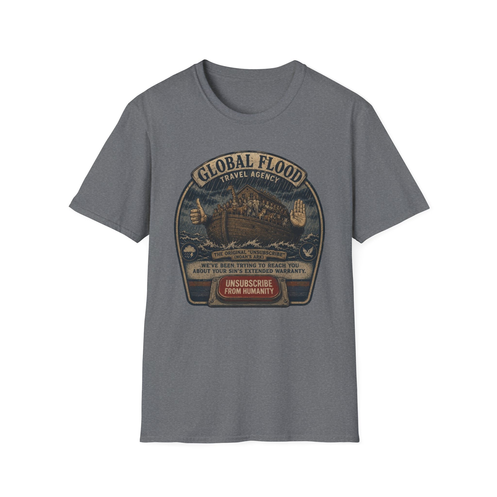 Global Flood Travel Badge T-Shirt – Vintage Ark Graphic Tee ("Unsubscribe from Humanity")