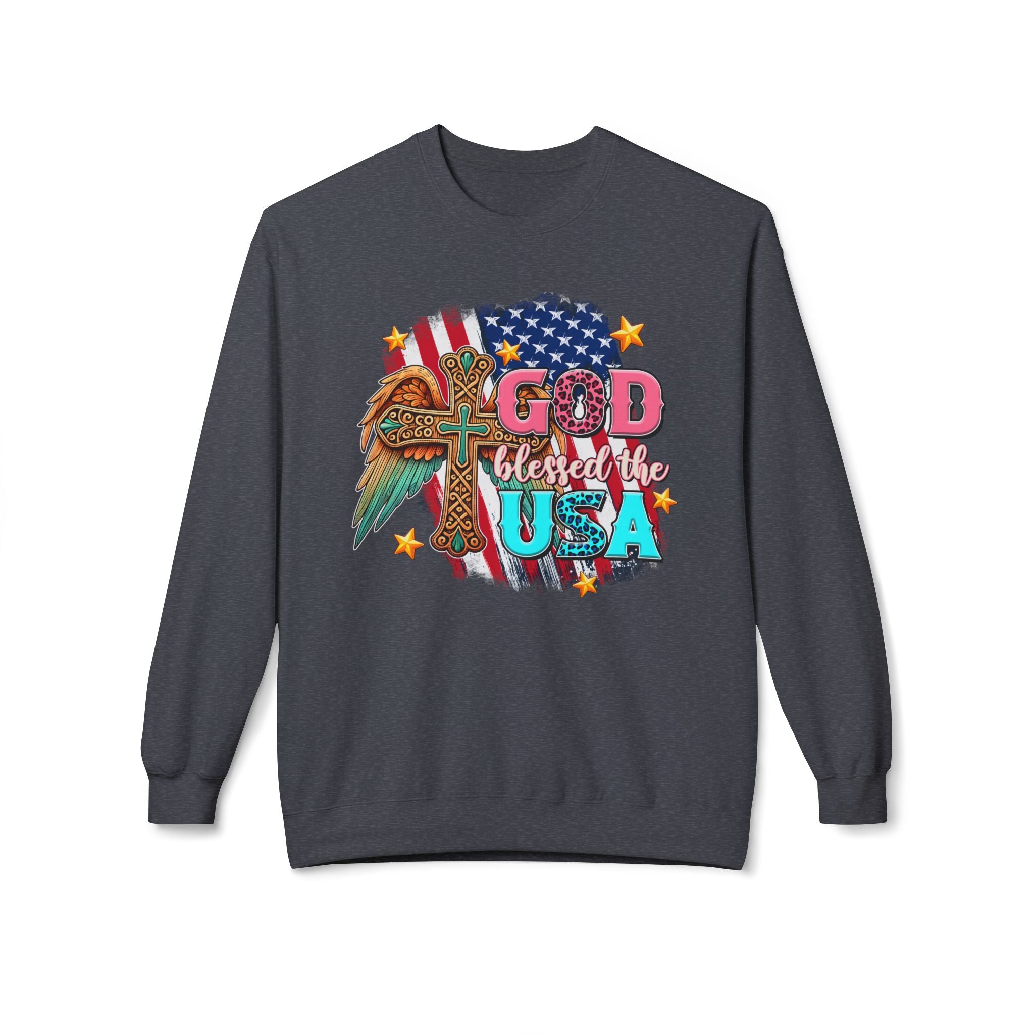 God Blessed the USA Crewneck Sweatshirt — Patriotic Christian American Flag Design
