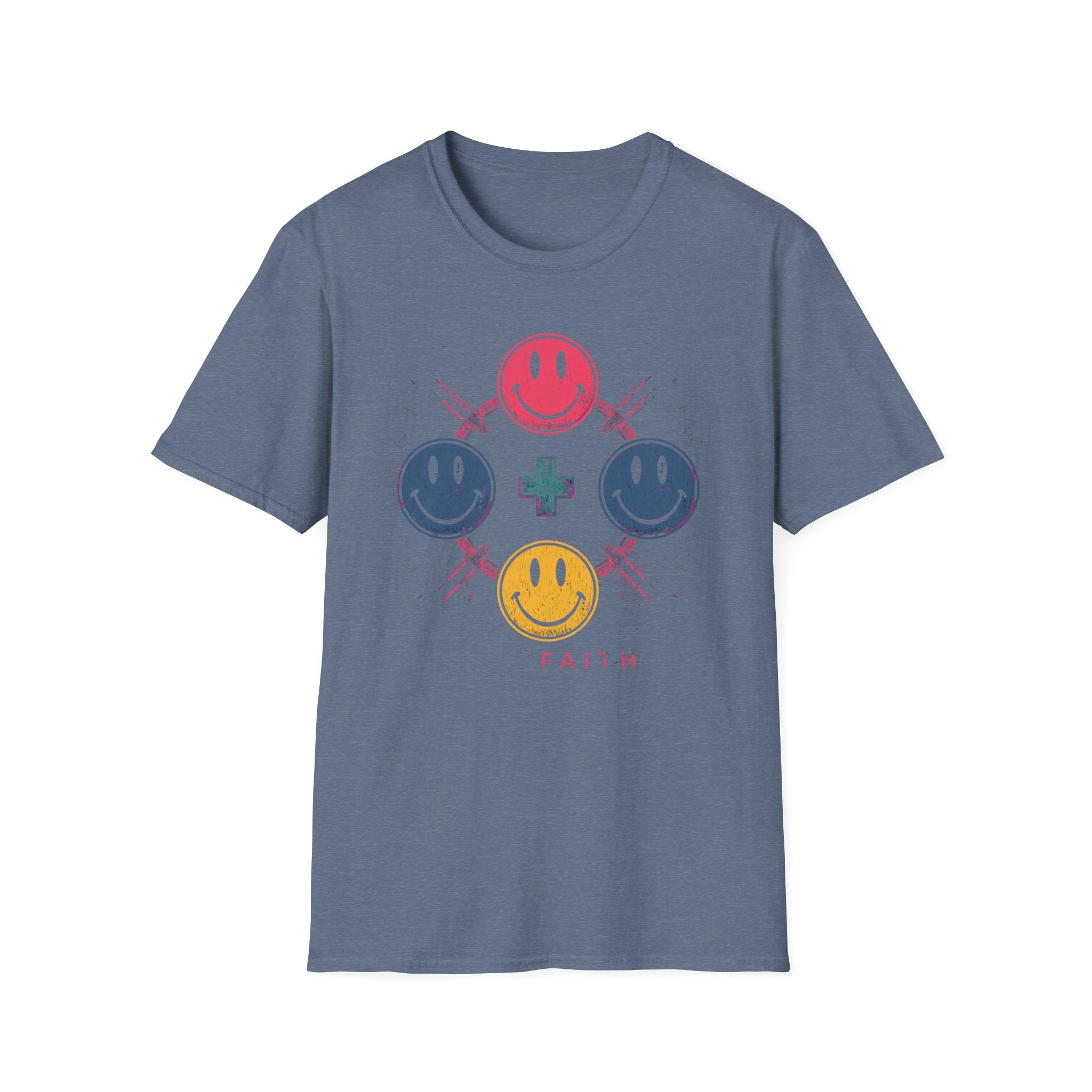 Faith Smiley Cross T-Shirt — Colorful Retro Smile Faces Graphic Tee