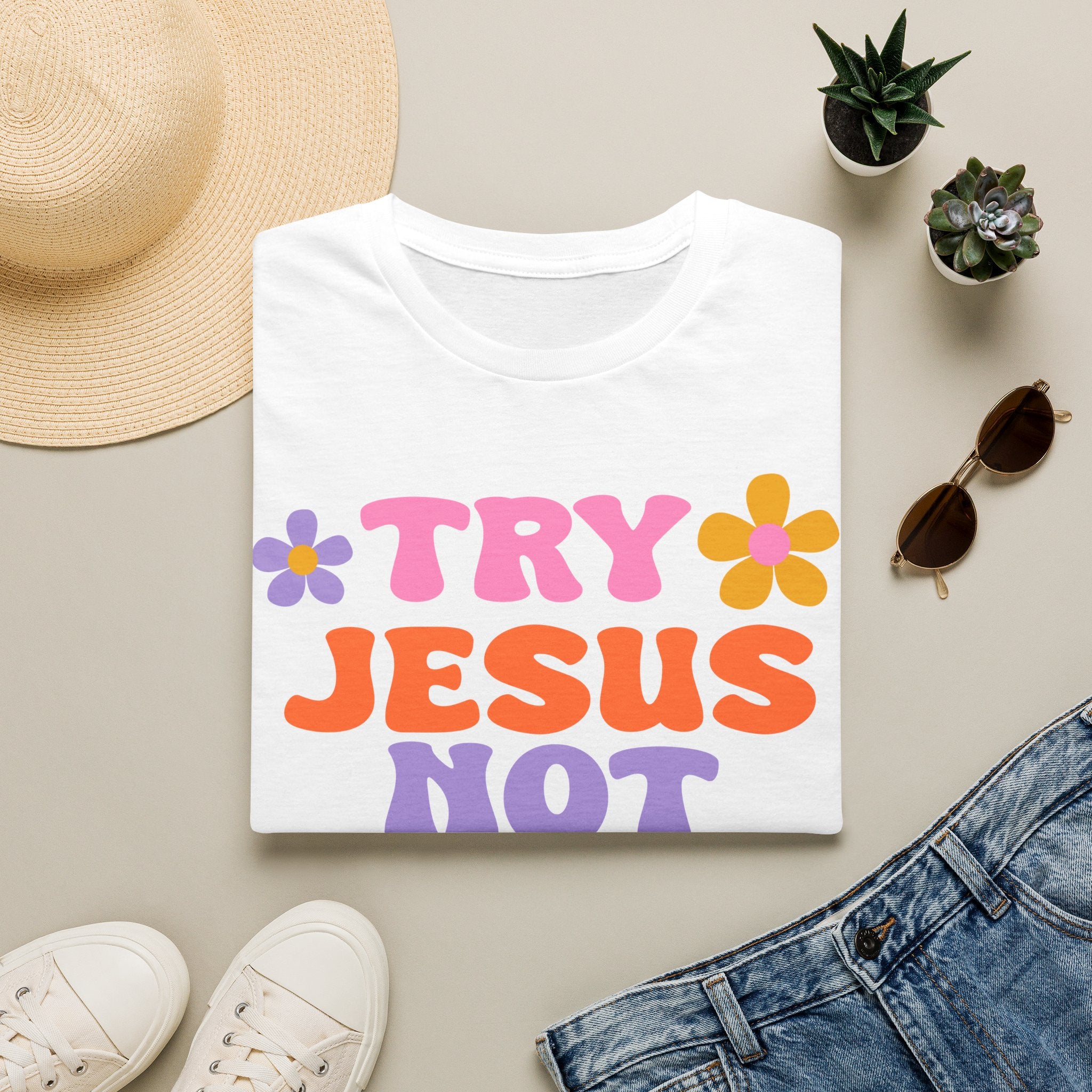 Try Jesus Not Me T-Shirt — Retro Floral Christian Tee