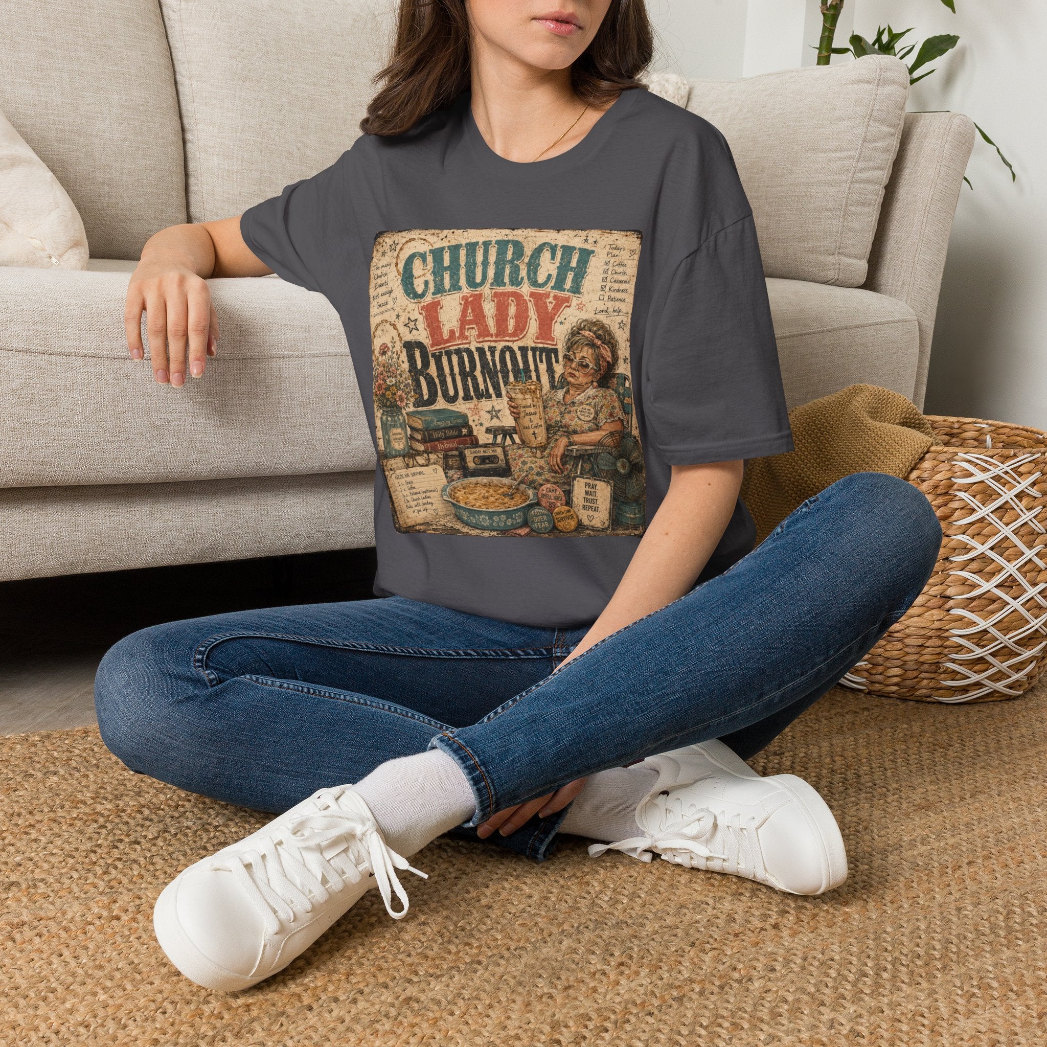 Church Lady Burnout T-Shirt — Vintage Funny Christian Humor Tee for Busy Church Volunteers