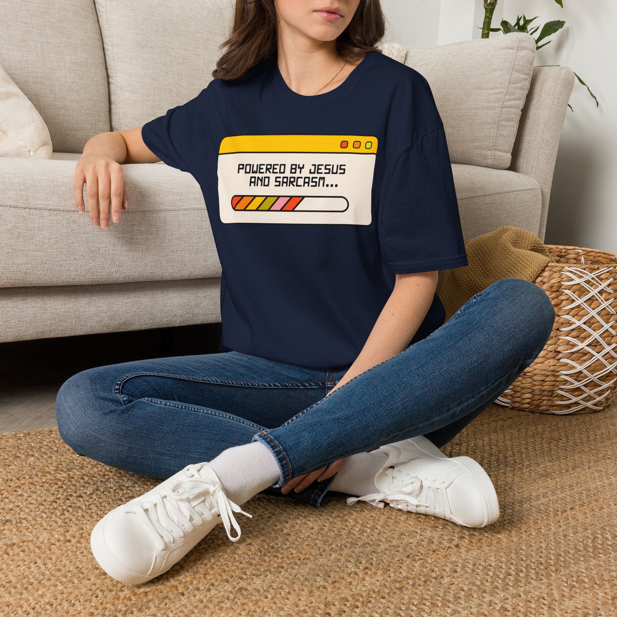 T-Shirt — "Powered by Jesus and Sarcasm" Graphic Tee