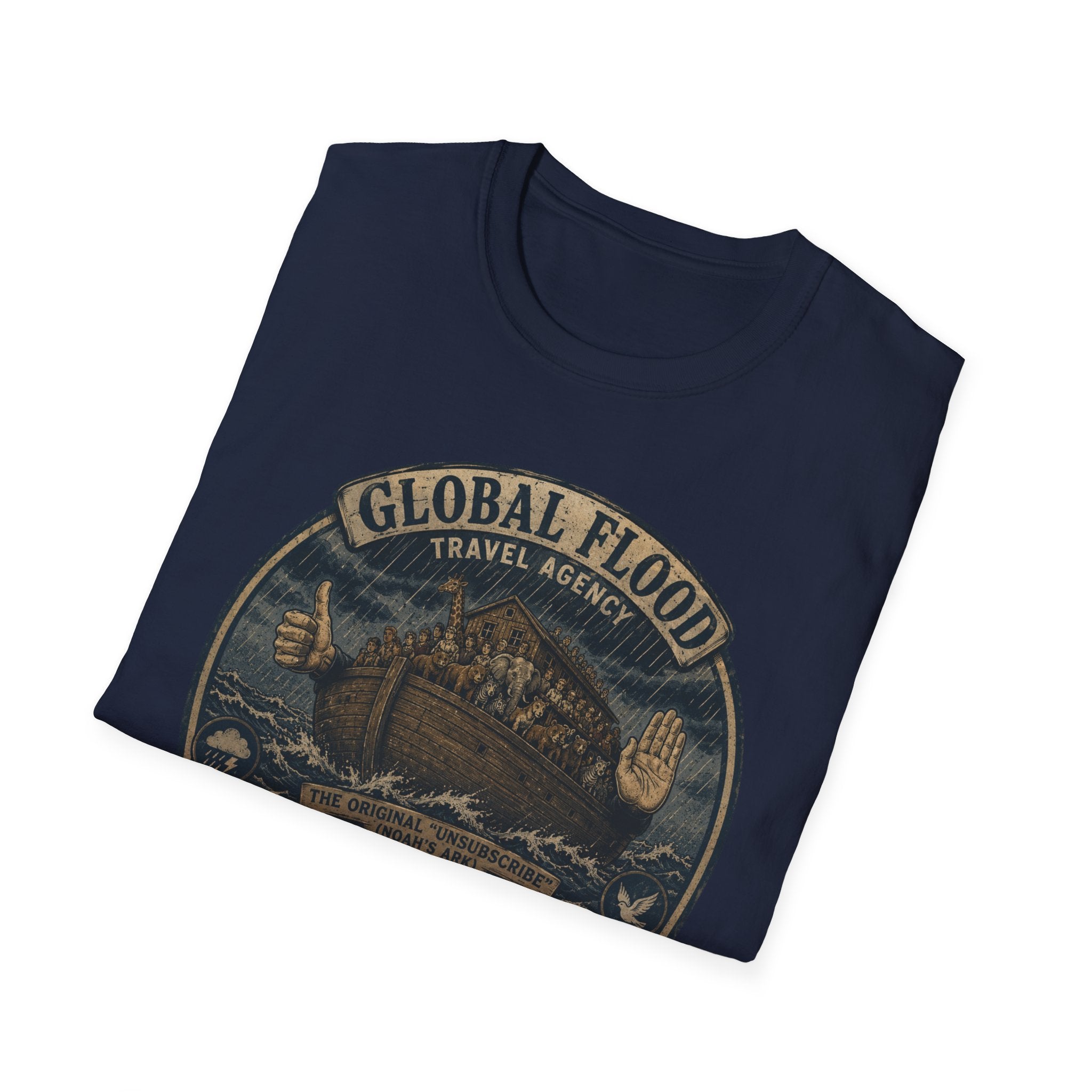 Global Flood Travel Badge T-Shirt – Vintage Ark Graphic Tee ("Unsubscribe from Humanity")