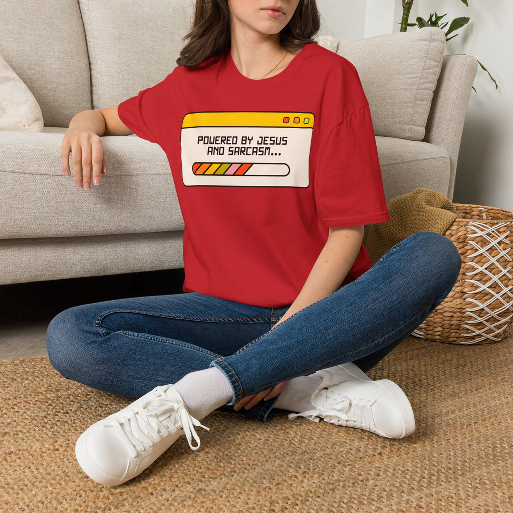 T-Shirt — "Powered by Jesus and Sarcasm" Graphic Tee