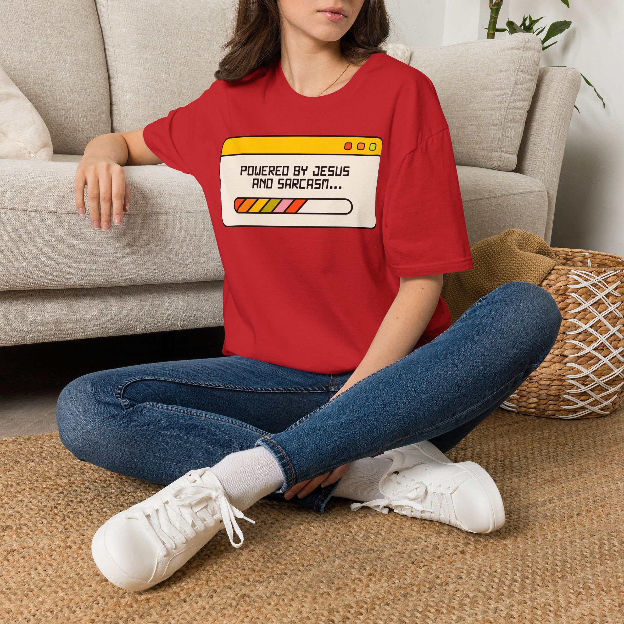 T-Shirt — "Powered by Jesus and Sarcasm" Graphic Tee
