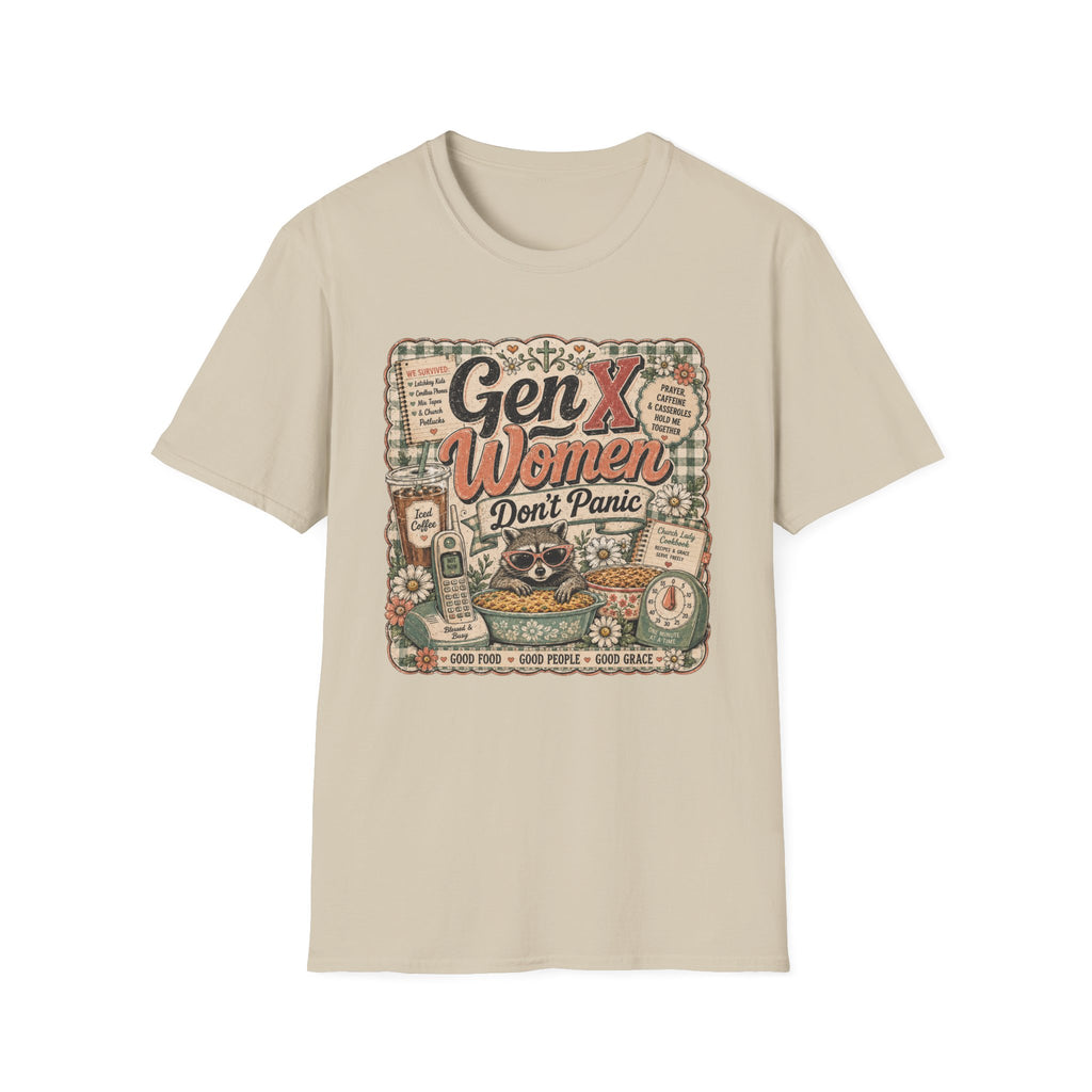 Gen X Women Don't Panic T-Shirt — Retro Raccoon Vintage Graphic Tee