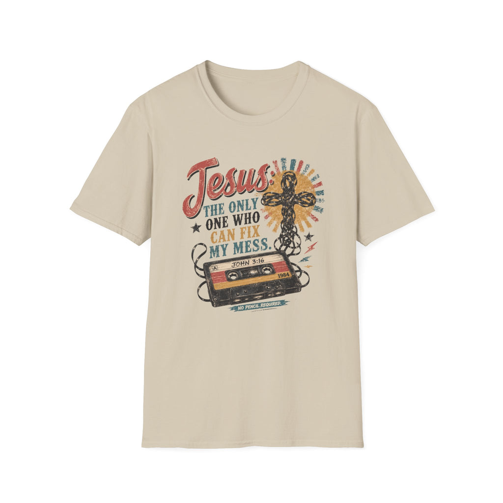 Jesus Is The Only One Who Can Fix My Mess T-Shirt — Christian Vintage Cassette Graphic Tee