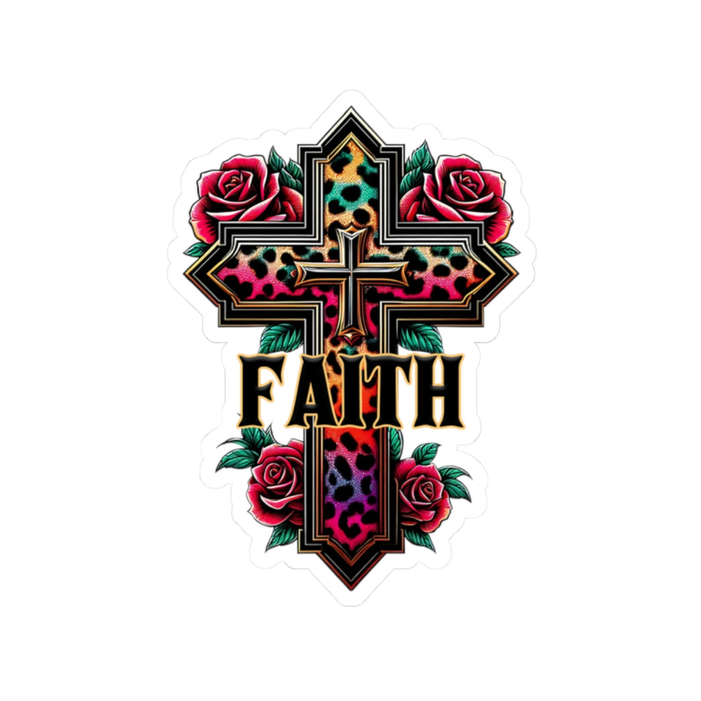 Faith Leopard Cross Kiss-Cut Sticker — Floral Rose Christian Decal