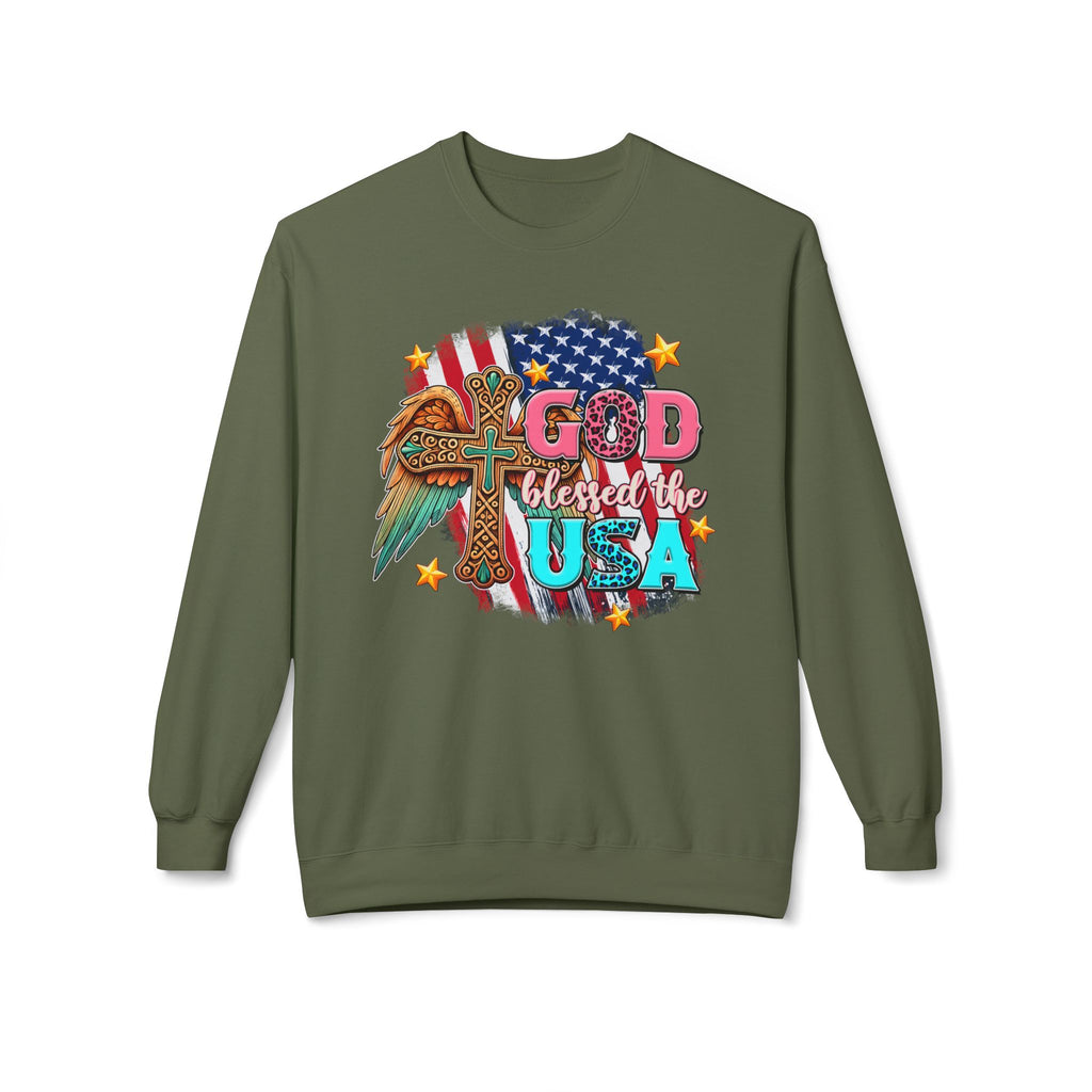 God Blessed the USA Crewneck Sweatshirt — Patriotic Christian American Flag Design