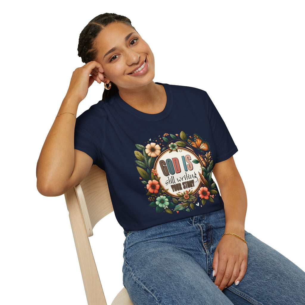 Inspirational T-Shirt — "God Is Still Writing Your Story" Floral Faith Tee