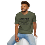 Sarcasm T-Shirt — "Sarcasm because slapping people is probably a sin" Funny Graphic Tee