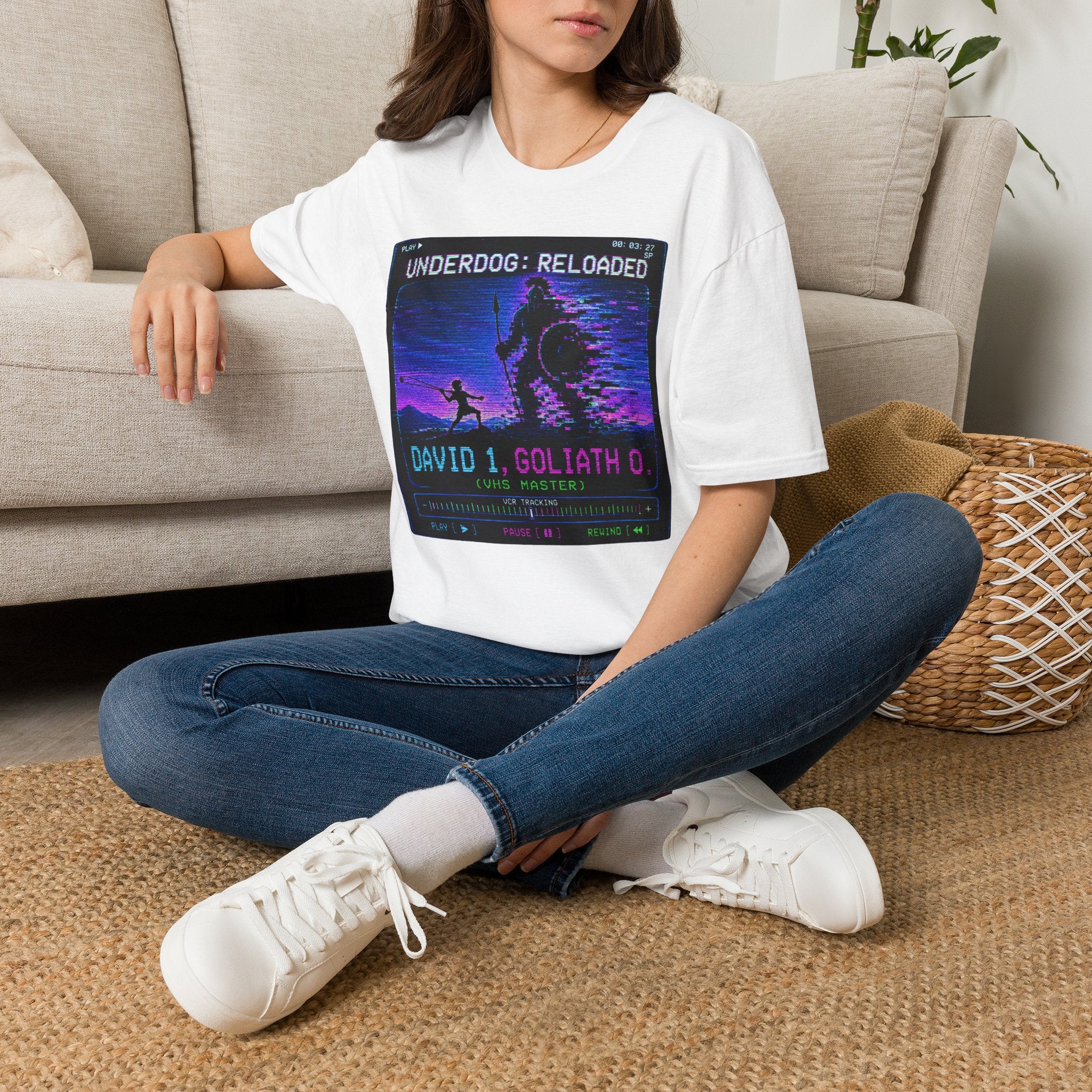 David vs Goliath Retro T-Shirt — "Underdog: Reloaded" Neon Graphic Tee