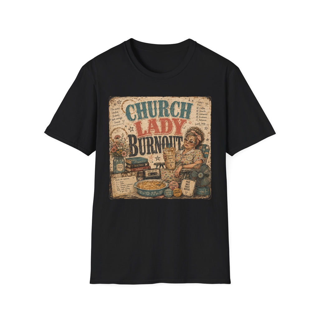 Church Lady Burnout T-Shirt — Vintage Funny Christian Humor Tee for Busy Church Volunteers