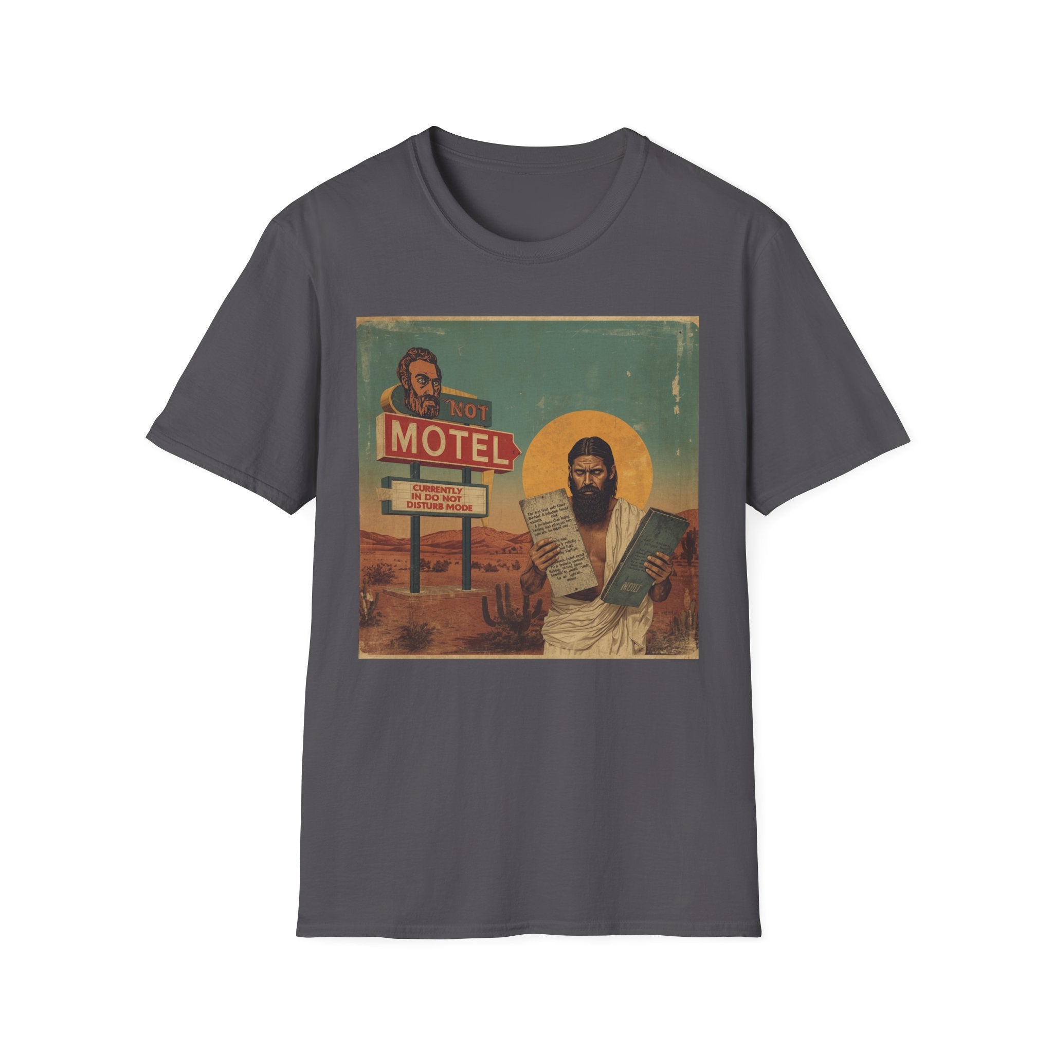 Desert Motel Graphic T‑Shirt — Vintage Roadside Jesus Art Tee