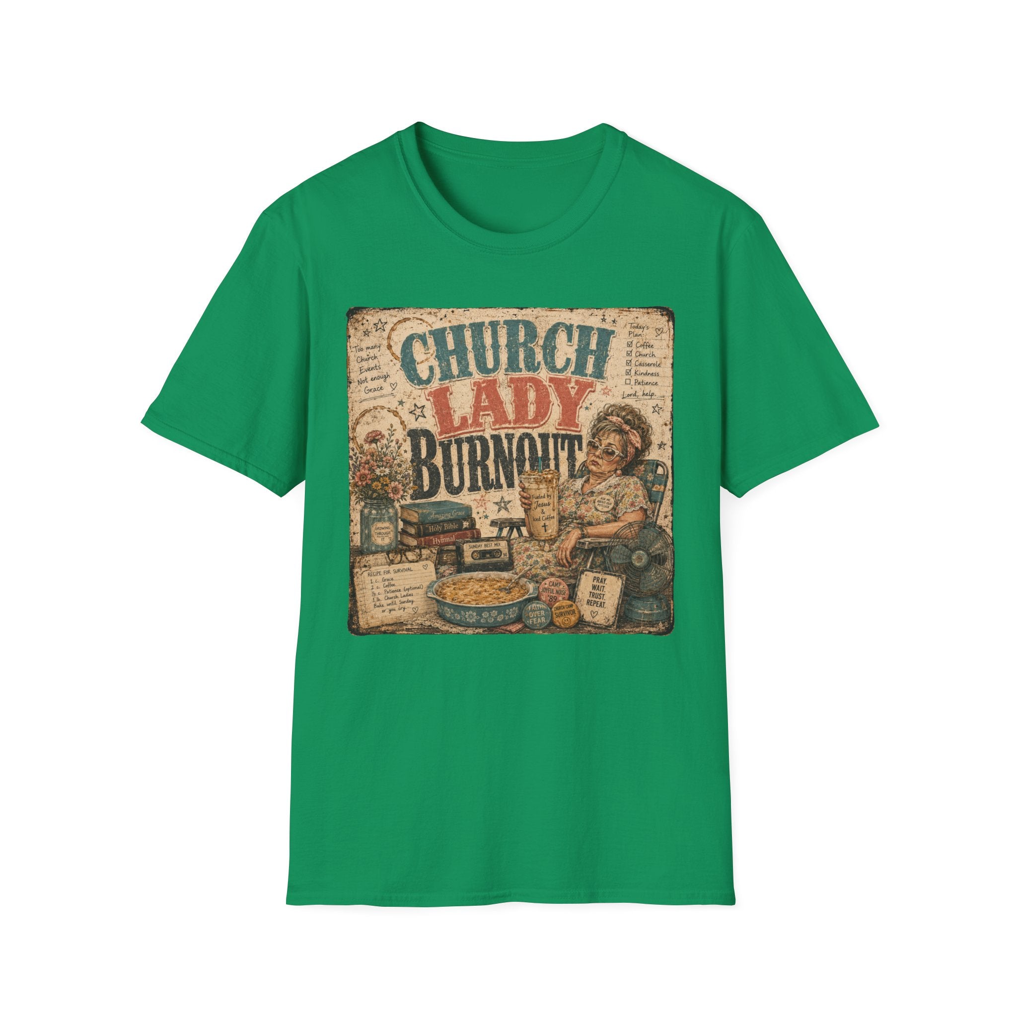 Church Lady Burnout T-Shirt — Vintage Funny Christian Humor Tee for Busy Church Volunteers