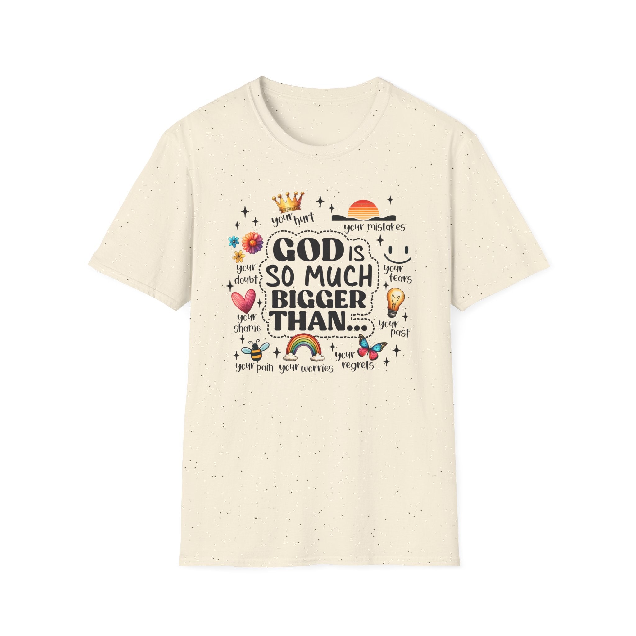 God Is So Much Bigger Than… T‑Shirt — Inspirational Christian Faith Tee with Cute Icons