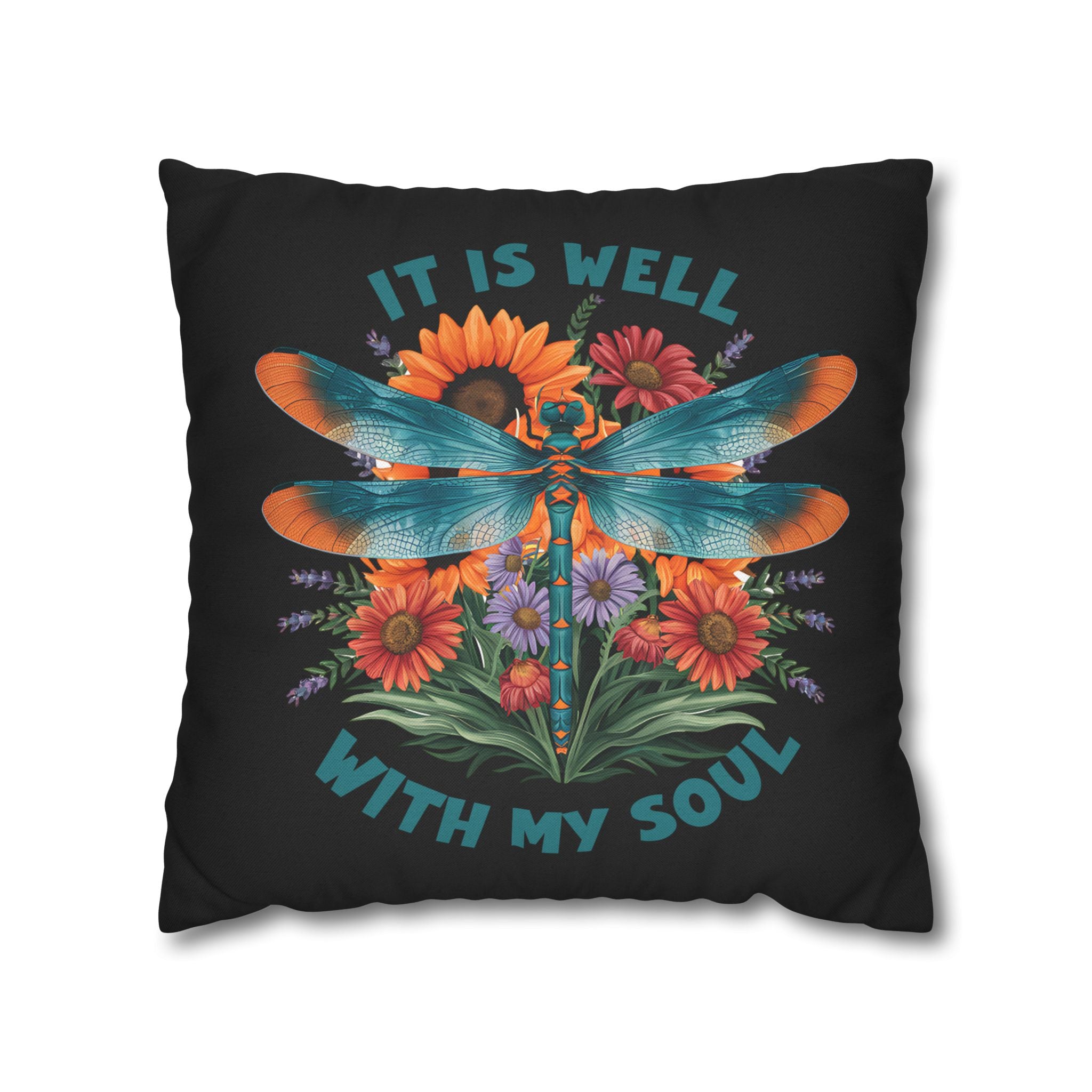 Dragonfly Floral Pillowcase — "It Is Well With My Soul" Decorative Throw Pillow Cover