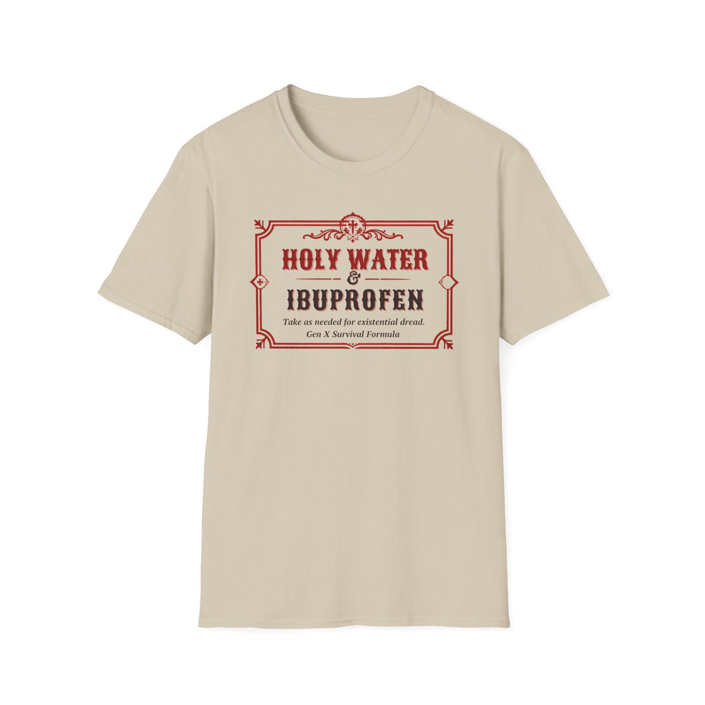 Holy Water & Ibuprofen T-Shirt — Funny Gen X Survival Tee