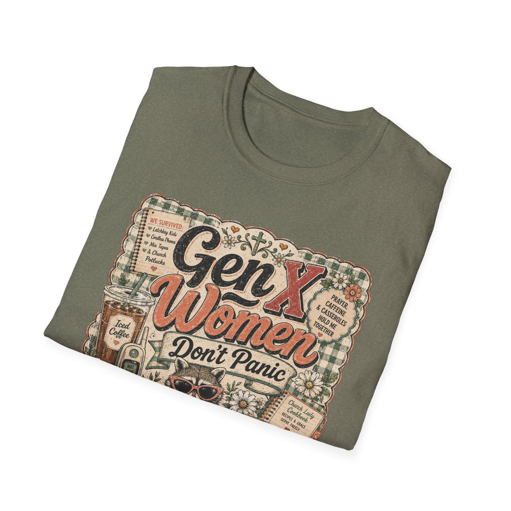 Gen X Women Don't Panic T-Shirt — Retro Raccoon Vintage Graphic Tee