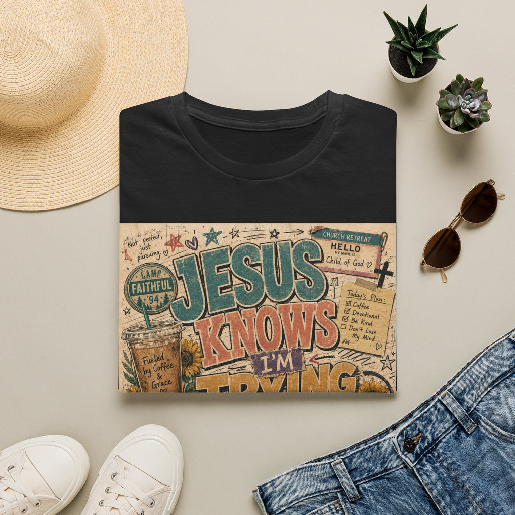 Jesus Knows I’m Trying T-Shirt — Christian Faith Graphic Tee