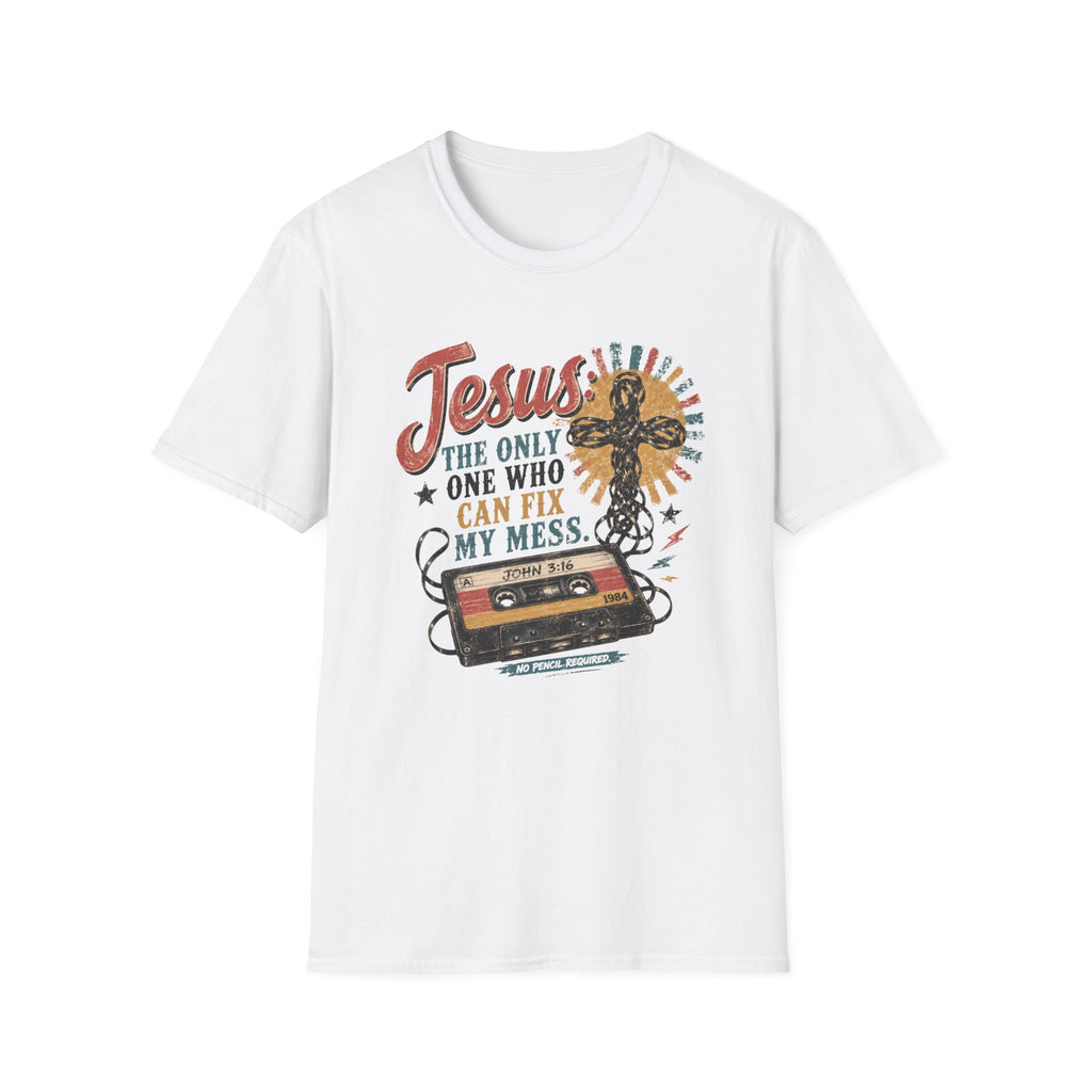 Jesus Is The Only One Who Can Fix My Mess T-Shirt — Christian Vintage Cassette Graphic Tee
