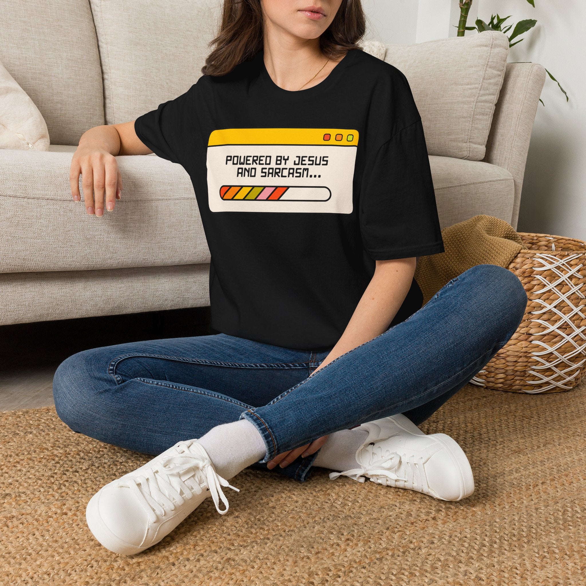 T-Shirt — "Powered by Jesus and Sarcasm" Graphic Tee