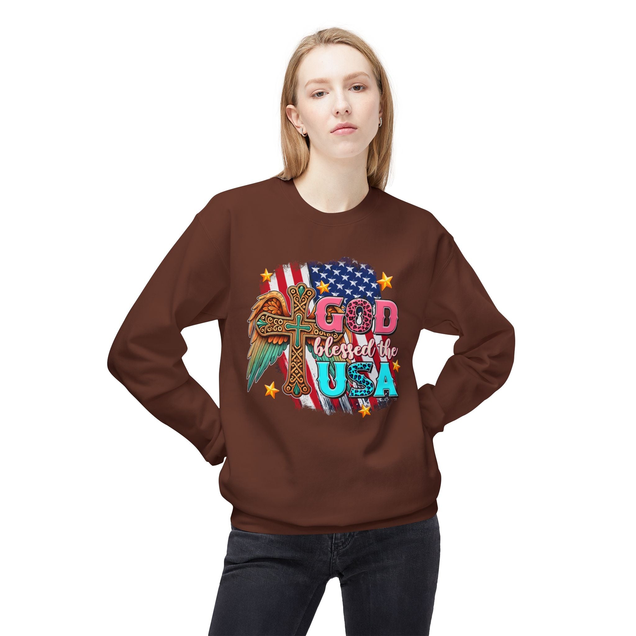 God Blessed the USA Crewneck Sweatshirt — Patriotic Christian American Flag Design