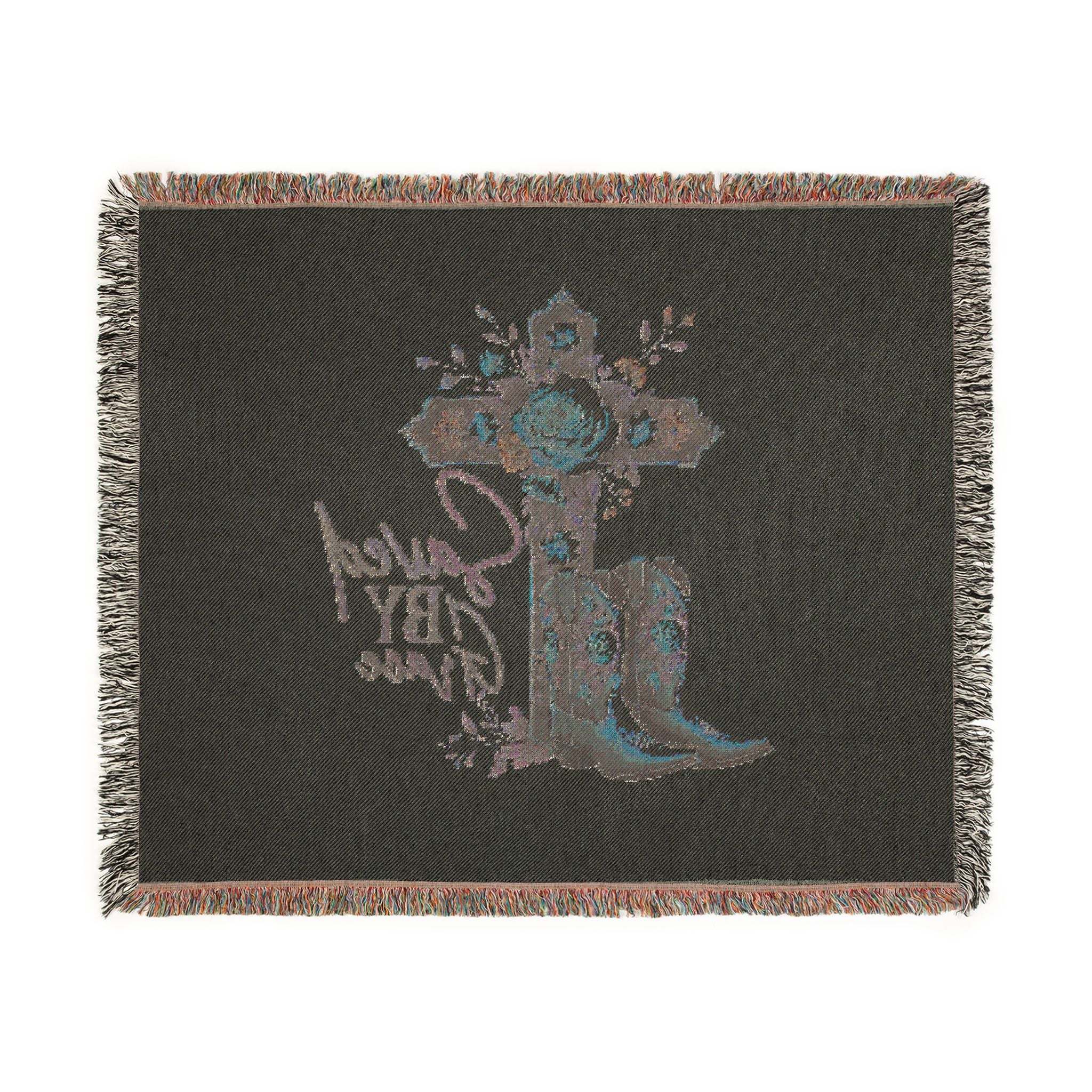 Saved By Grace Woven Blanket — Floral Cross & Cowboy Boots Throw