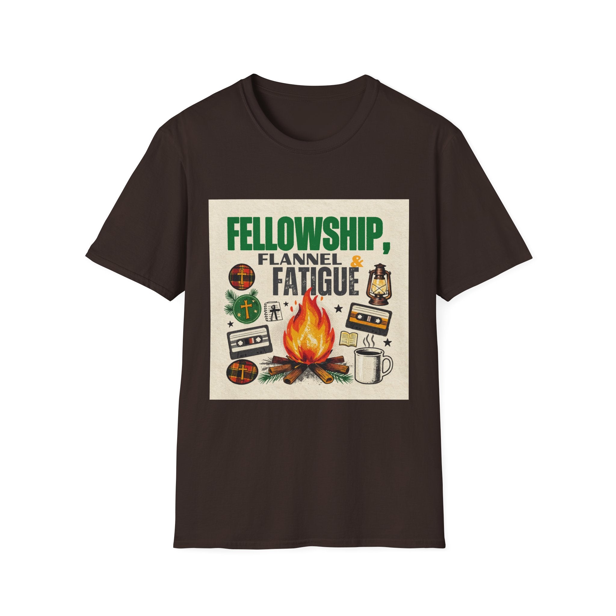 Fellowship Flannel & Fatigue T‑Shirt — Campfire Christian Retreat Tee